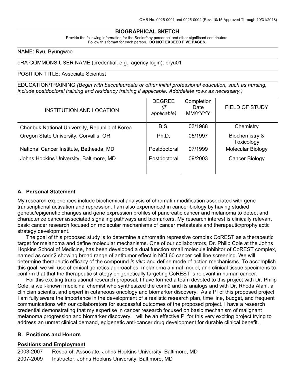 OMB No. 0925-0046, Biographical Sketch Format Page