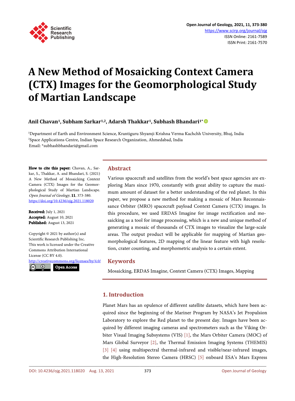A New Method of Mosaicking Context Camera (CTX) Images for the Geomorphological Study of Martian Landscape