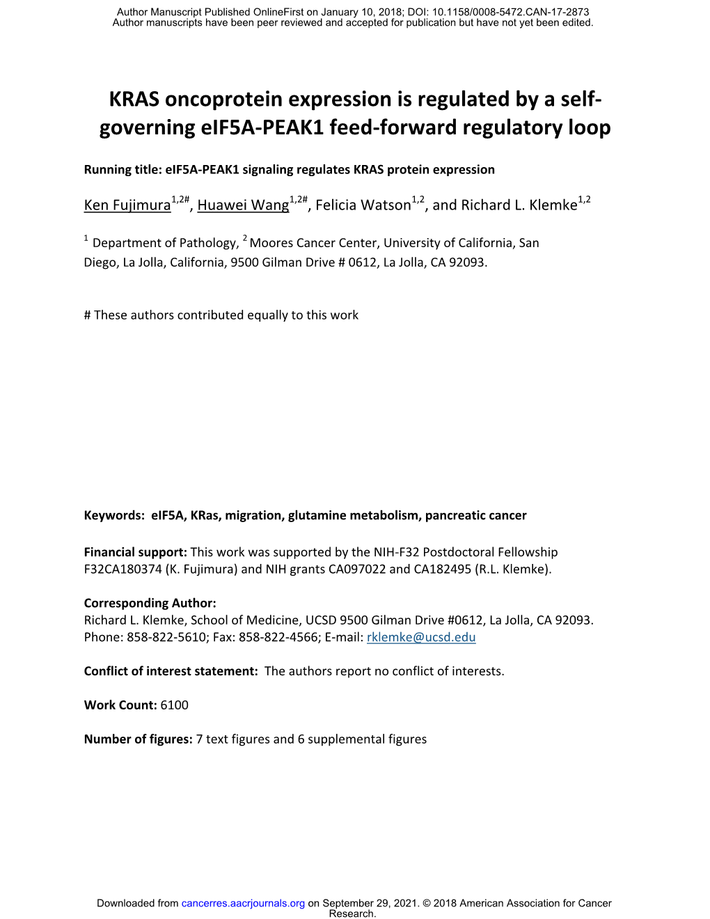 KRAS Oncoprotein Expression Is Regulated by a Self-Governing Eif5a-PEAK1 Feed-Forward Regulatory Loop