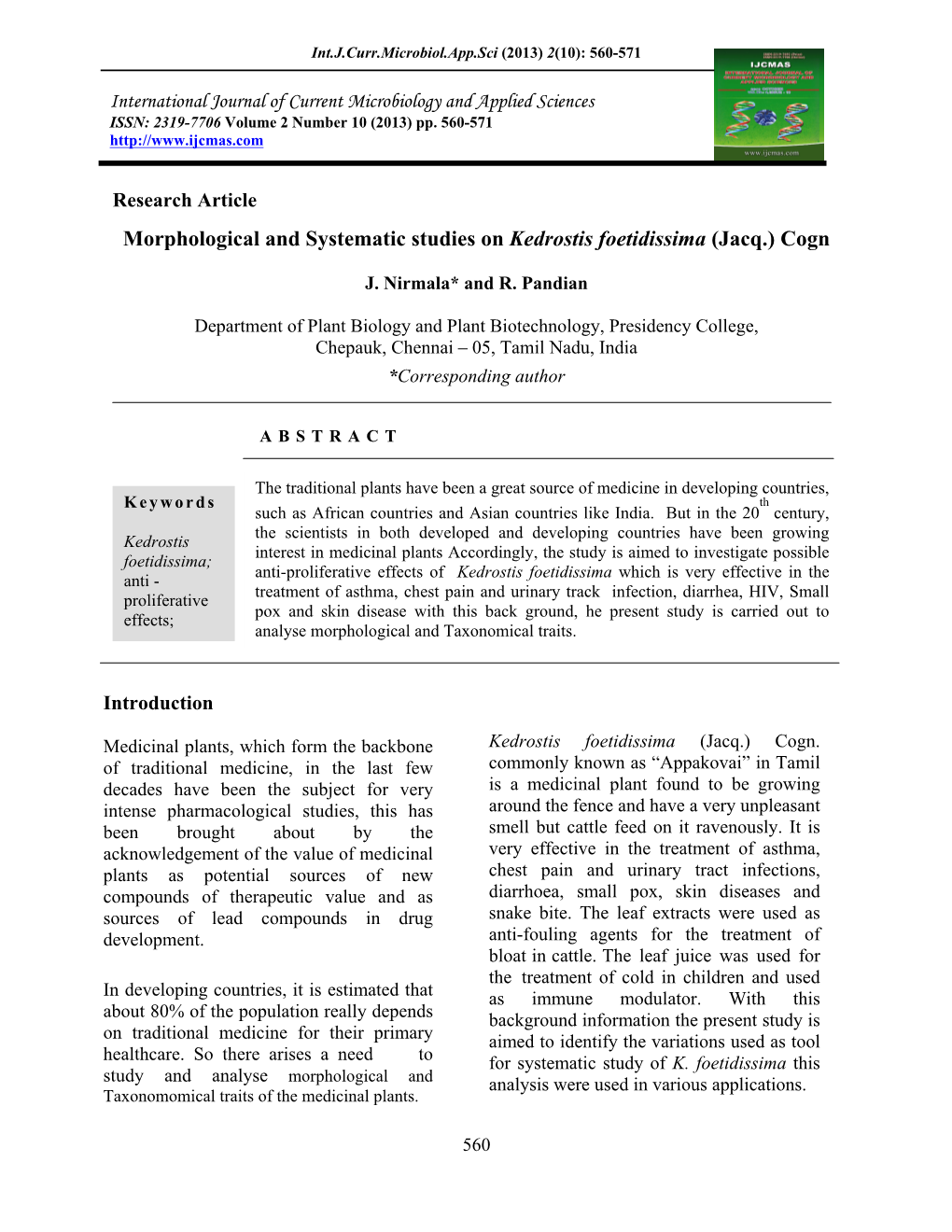 Morphological and Systematic Studies on Kedrostis Foetidissima (Jacq.) Cogn