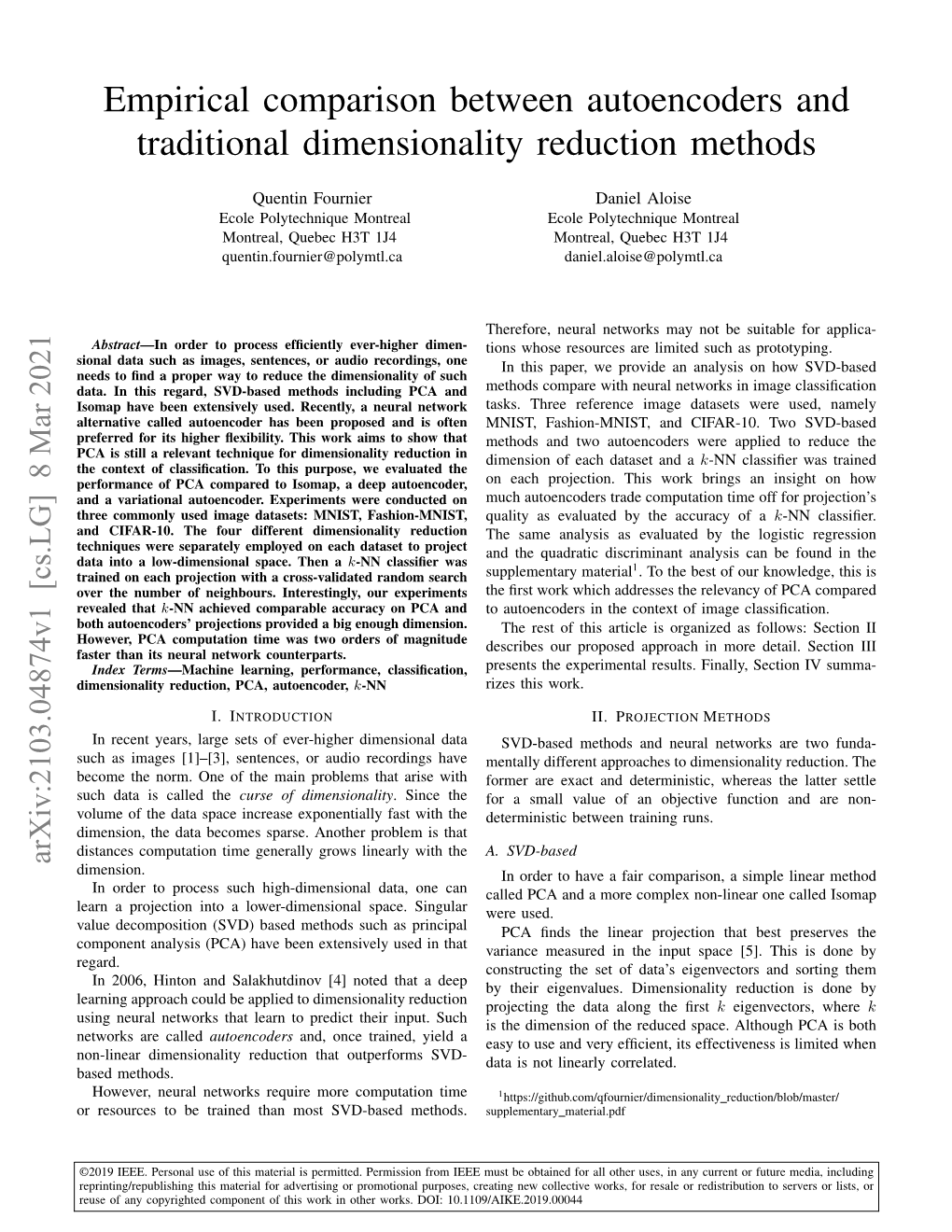 Empirical Comparison Between Autoencoders and Traditional Dimensionality Reduction Methods