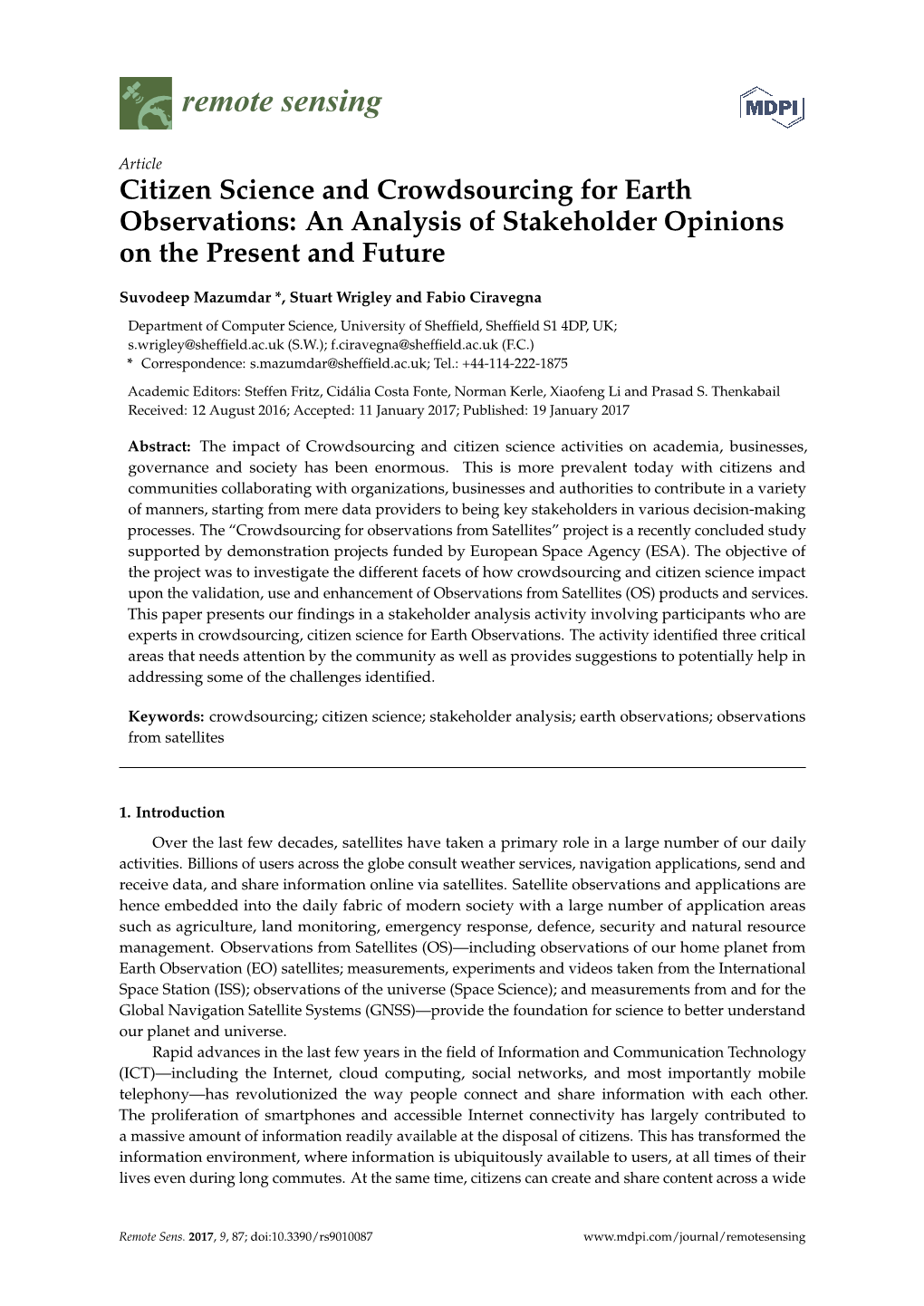 Citizen Science and Crowdsourcing for Earth Observations: an Analysis of Stakeholder Opinions on the Present and Future