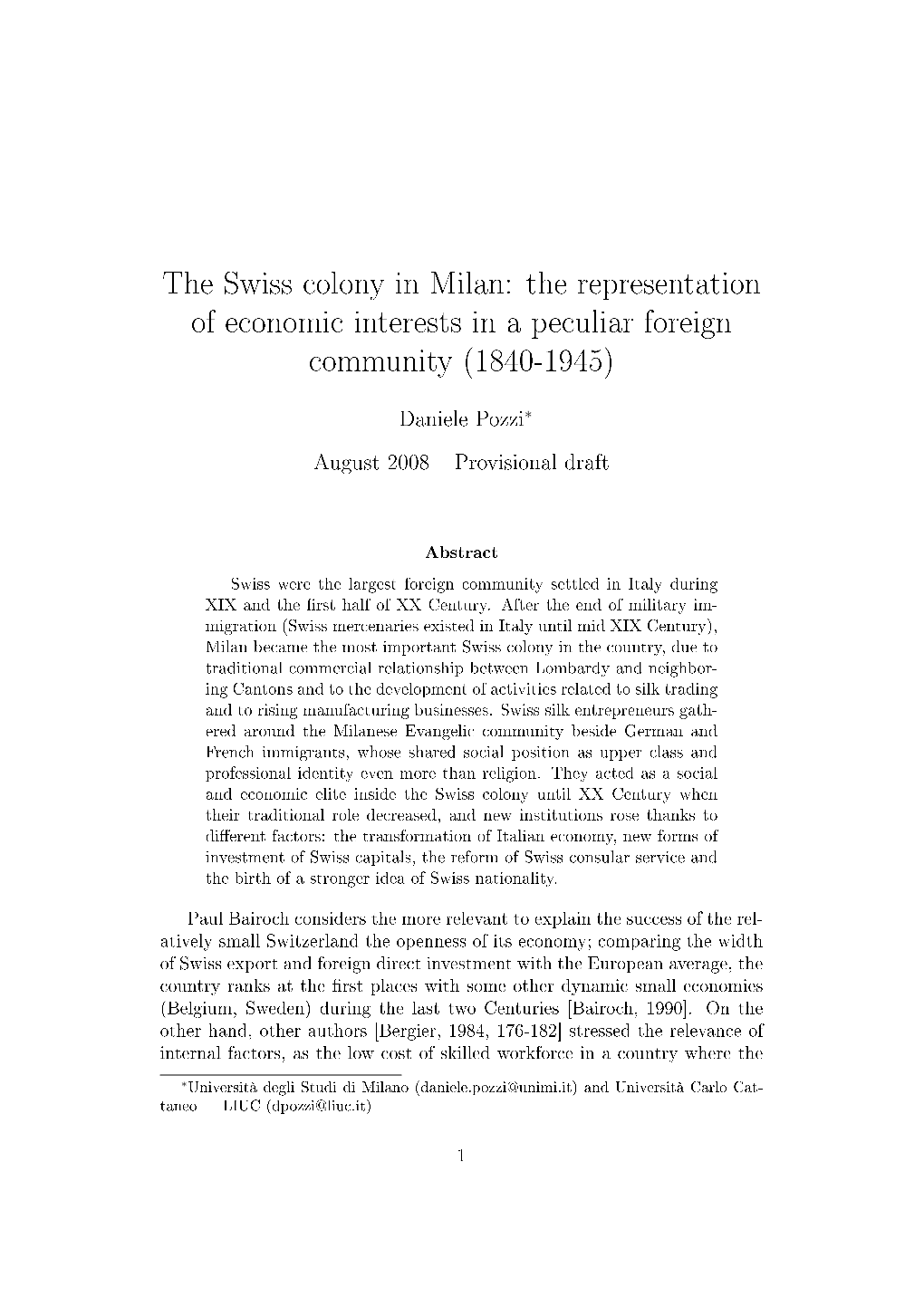 The Swiss Colony in Milan: the Representation of Economic Interests in a Peculiar Foreign Community (1840-1945)