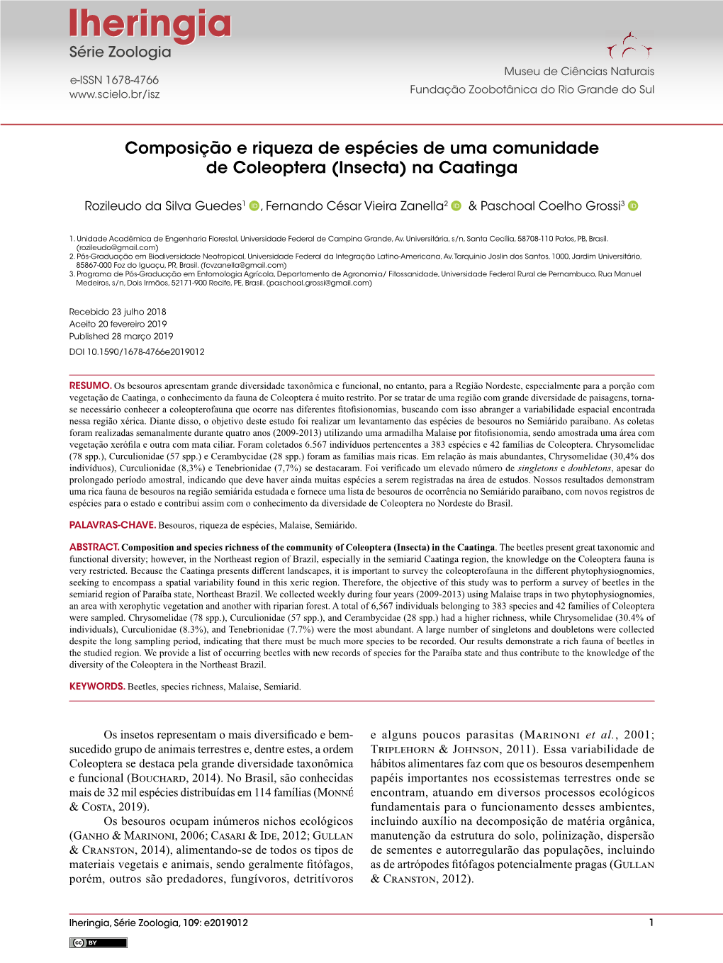 Composição E Riqueza De Espécies De Uma Comunidade De Coleoptera (Insecta) Na Caatinga