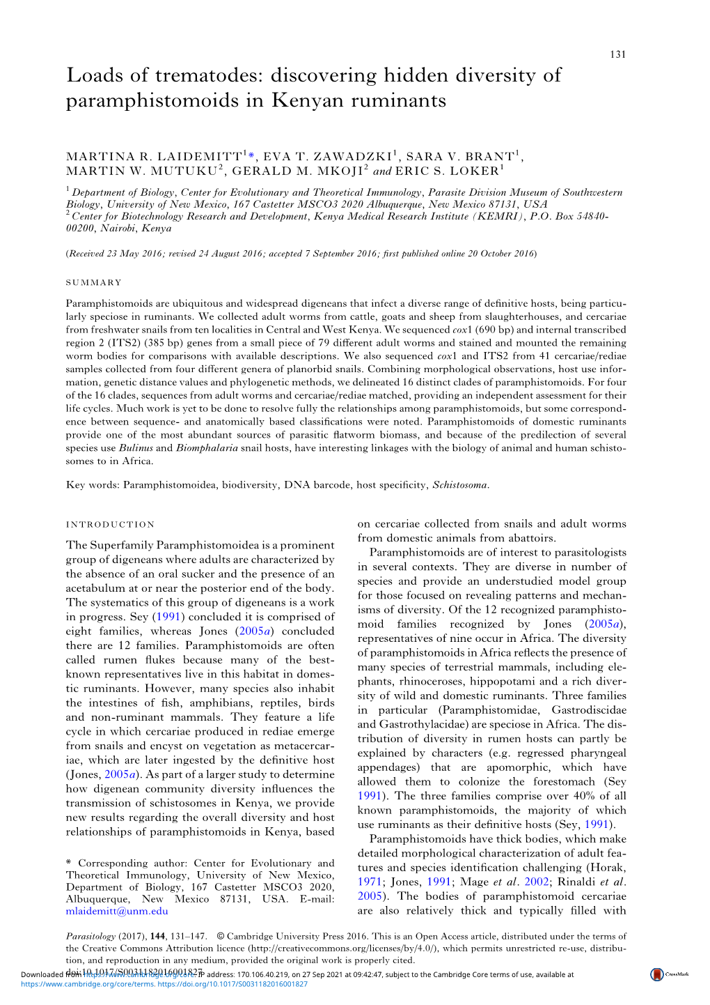 Loads of Trematodes: Discovering Hidden Diversity of Paramphistomoids in Kenyan Ruminants