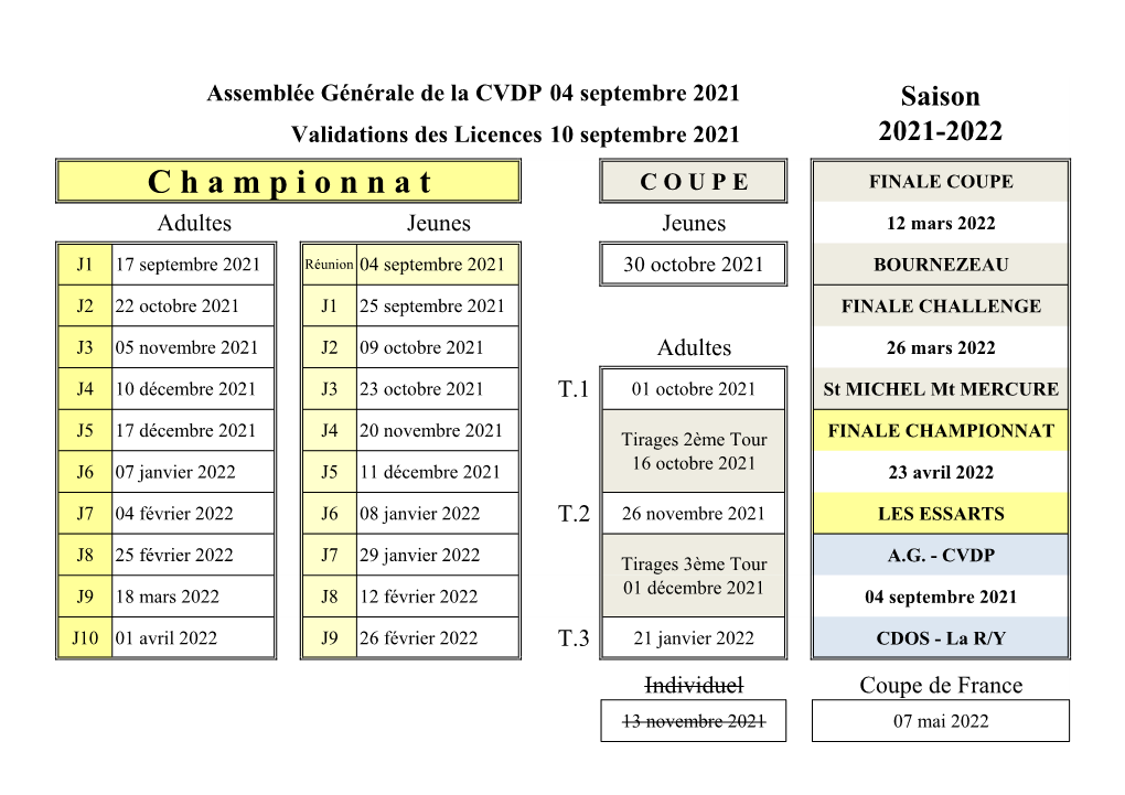 Calendrier CVDP 2021/2022