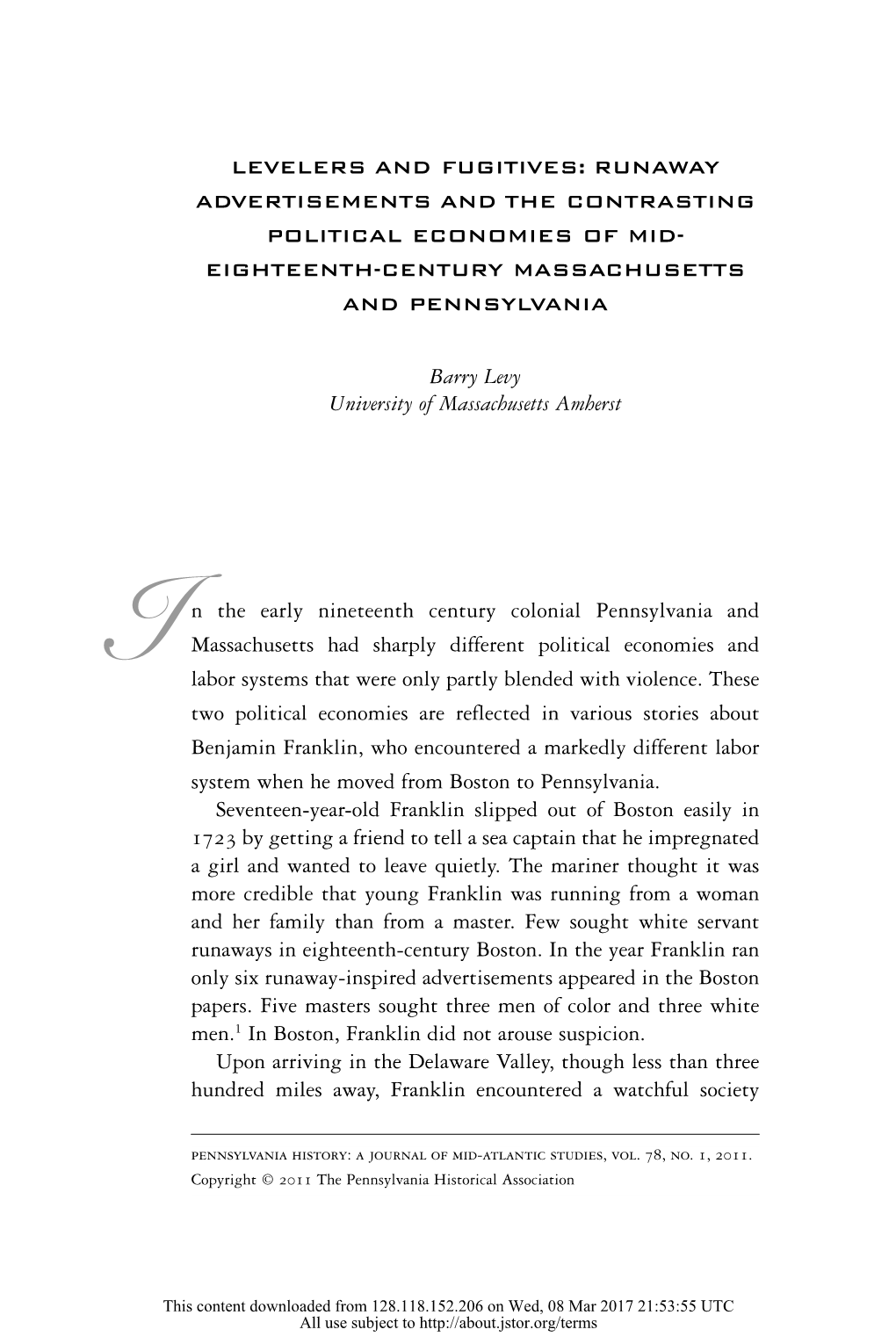 Runaway Advertisements and the Contrasting Political Economies of Mid- Eighteenth-Century Massachusetts and Pennsylvania