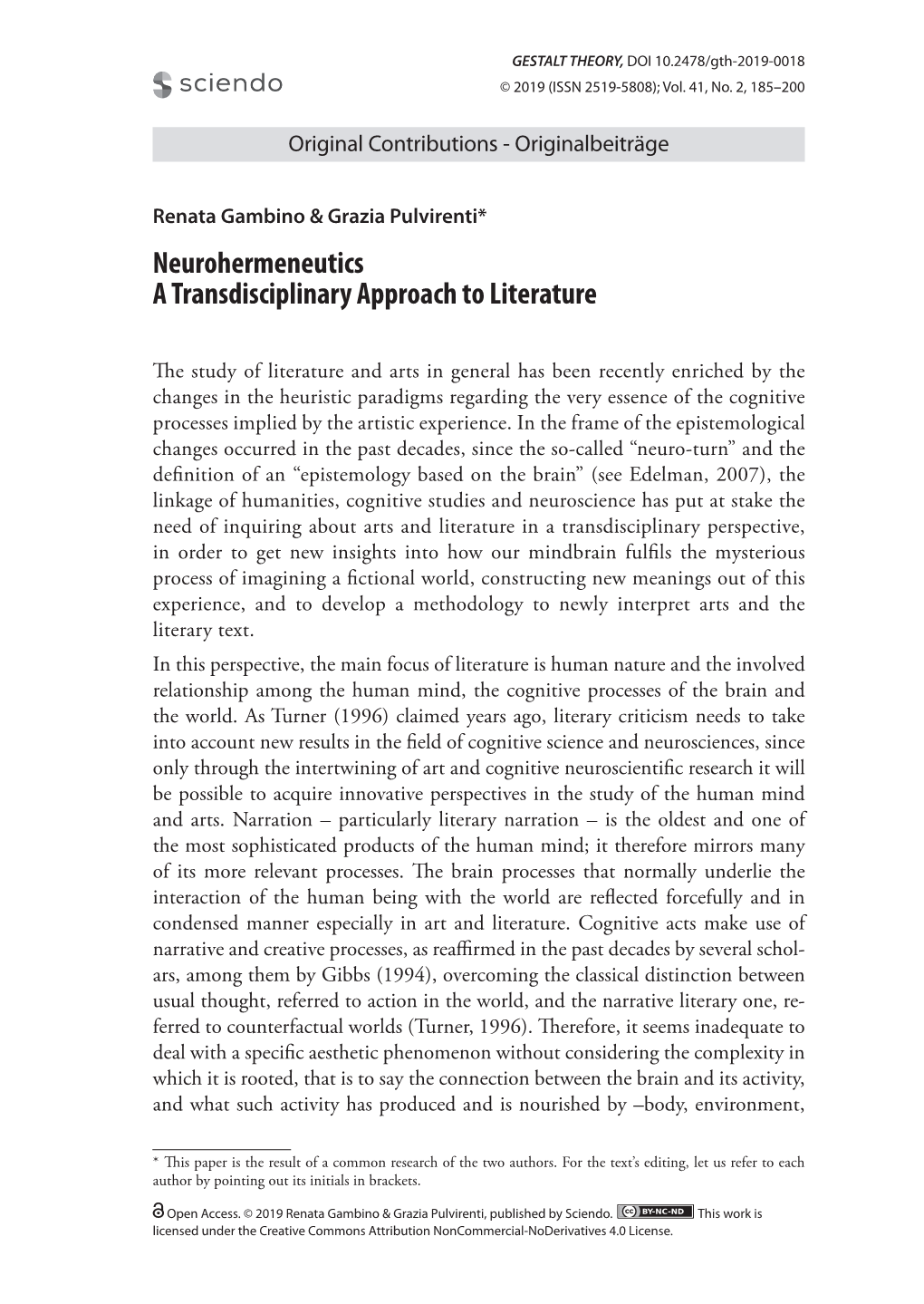 Neurohermeneutics a Transdisciplinary Approach to Literature