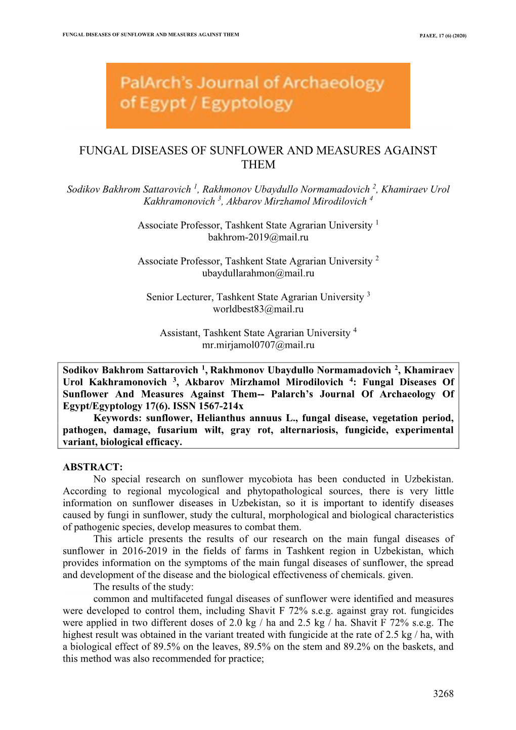 Fungal Diseases of Sunflower and Measures Against Them Pjaee, 17 (6) (2020)