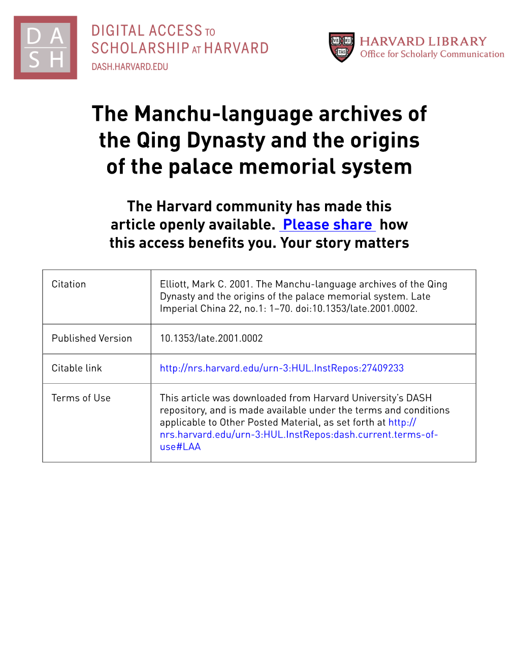 The Manchu-Language Archives of the Qing Dynasty and the Origins of the Palace Memorial System