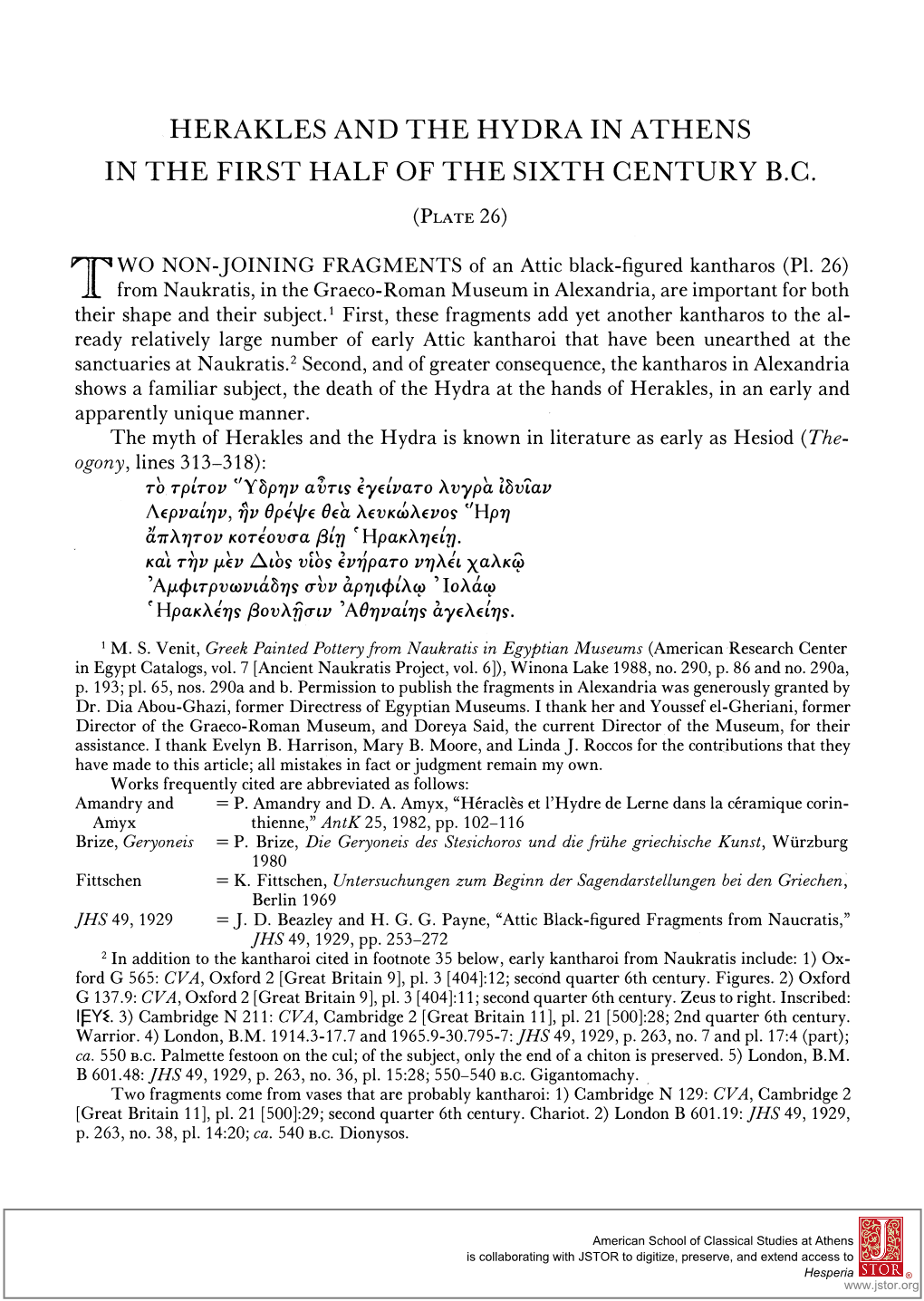 Herakles and the Hydra in Athens in the First Half of the Sixth Century B.C