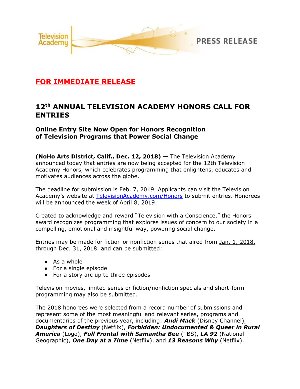 FOR IMMEDIATE RELEASE 12Th ANNUAL TELEVISION ACADEMY