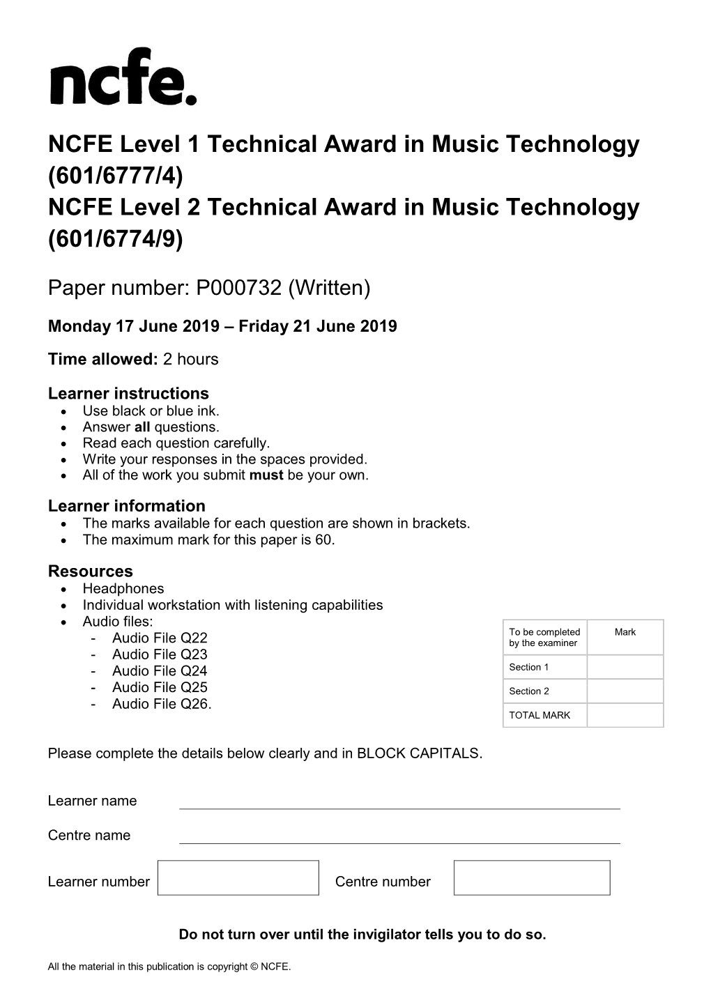 NCFE Level 2 Technical Award in Music Technology (601/6774/9)