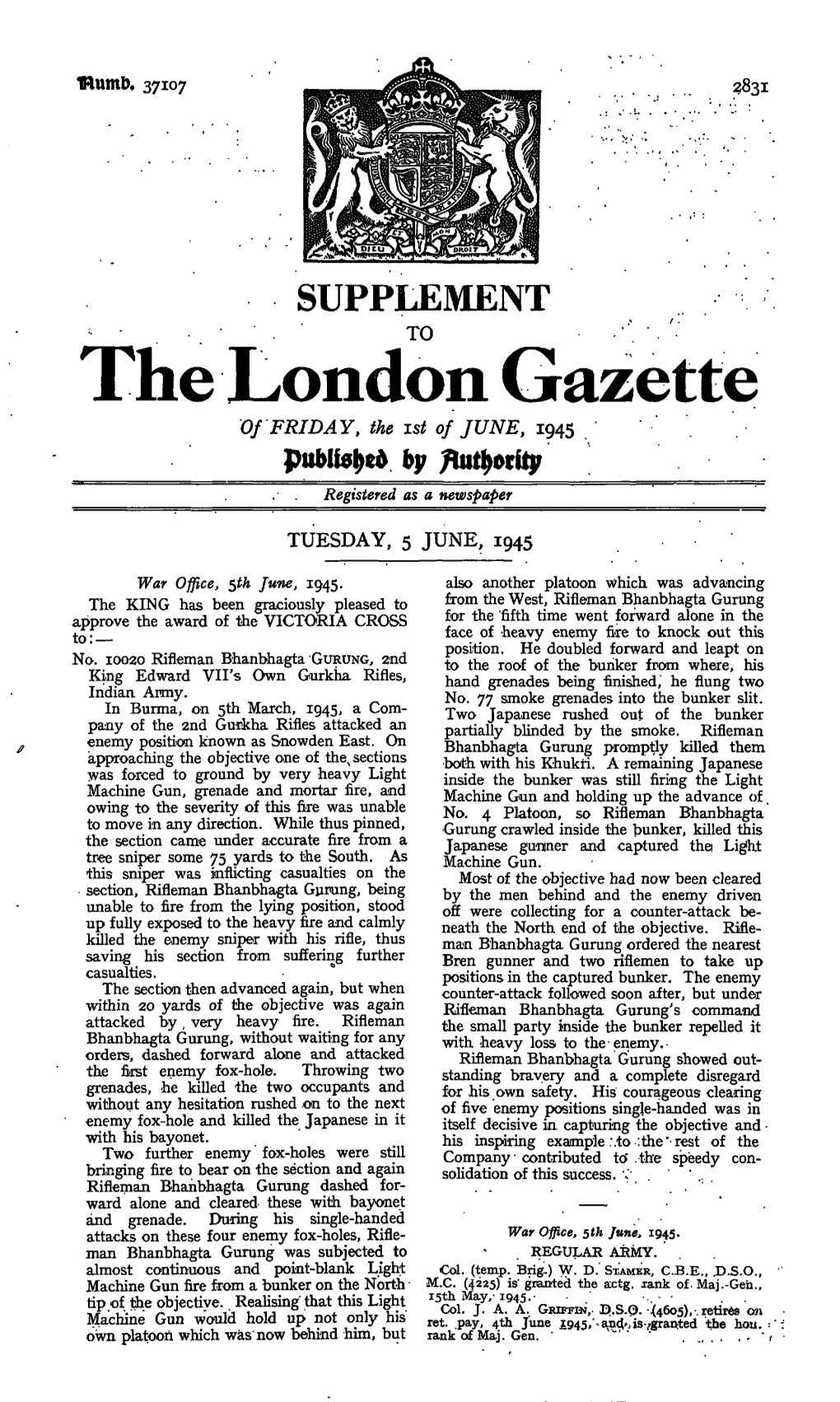 The London Gazette of FRIDAY, the Ist of JUNE, 1945 by Registered As a Newspaper