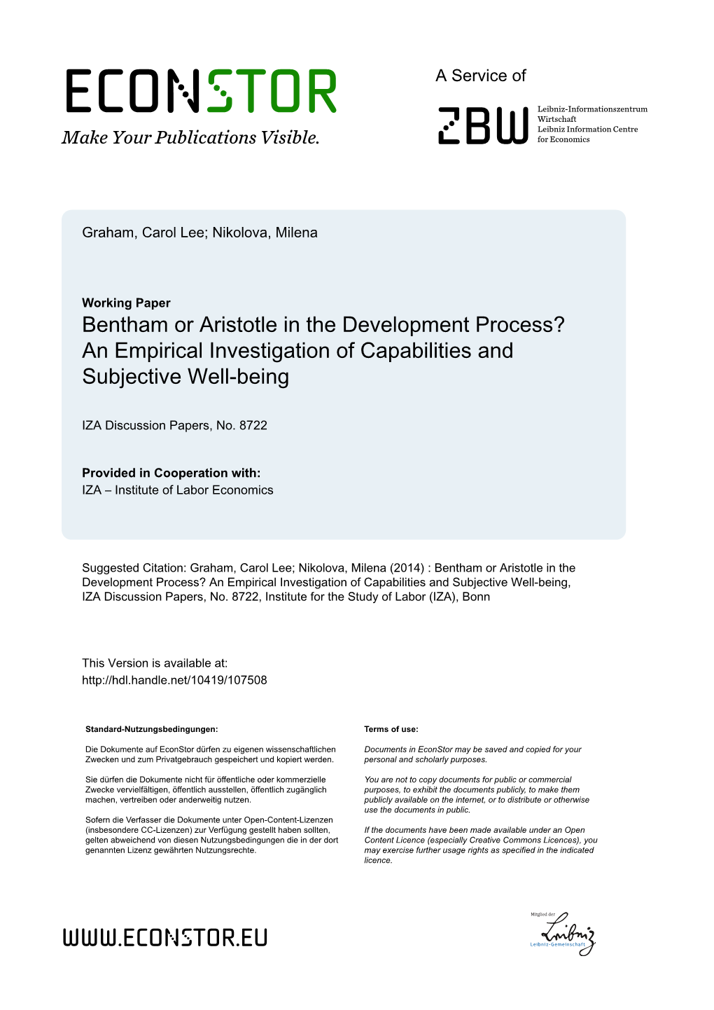 Bentham Or Aristotle in the Development Process? an Empirical Investigation of Capabilities and Subjective Well-Being