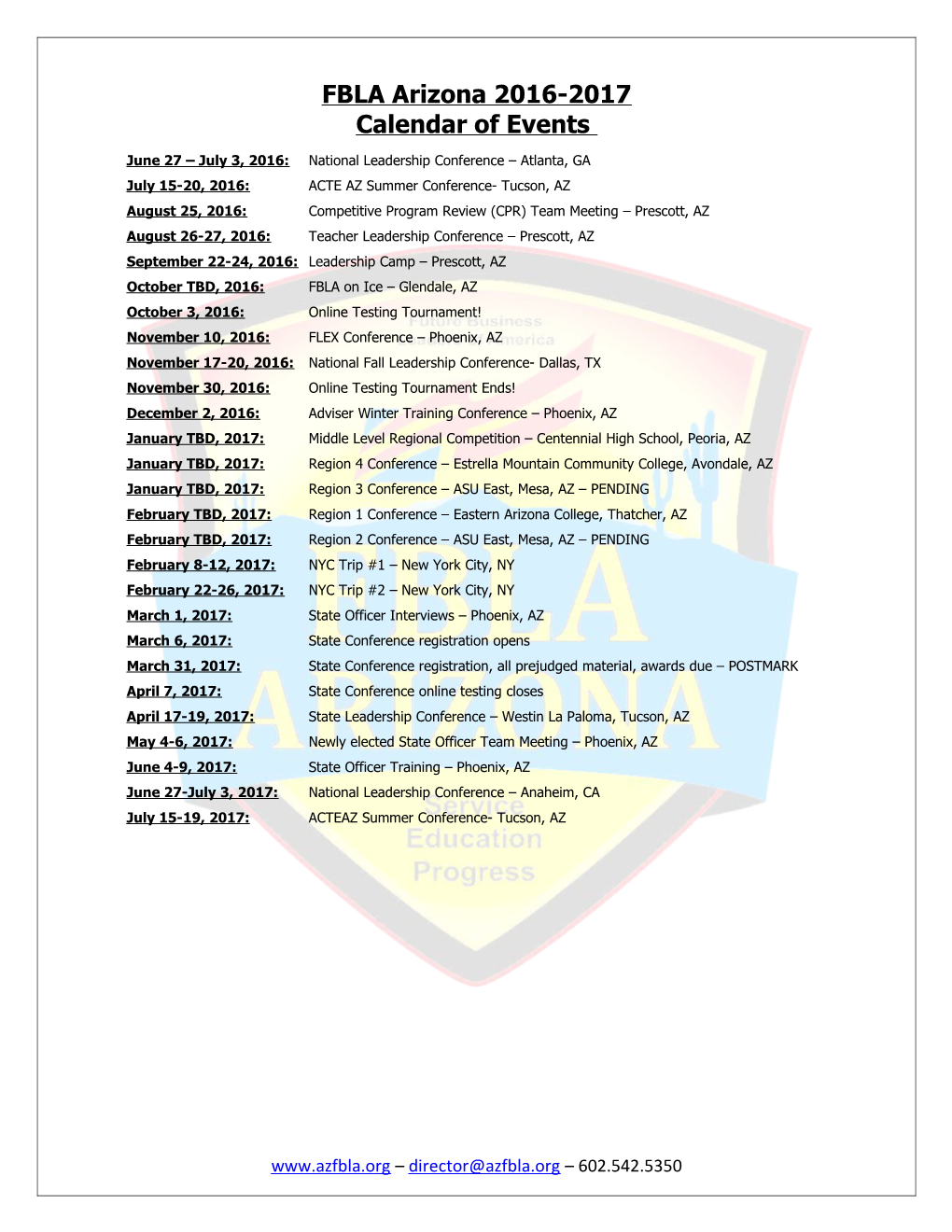 2006 2007 Arizona FBLA Calendar of Events