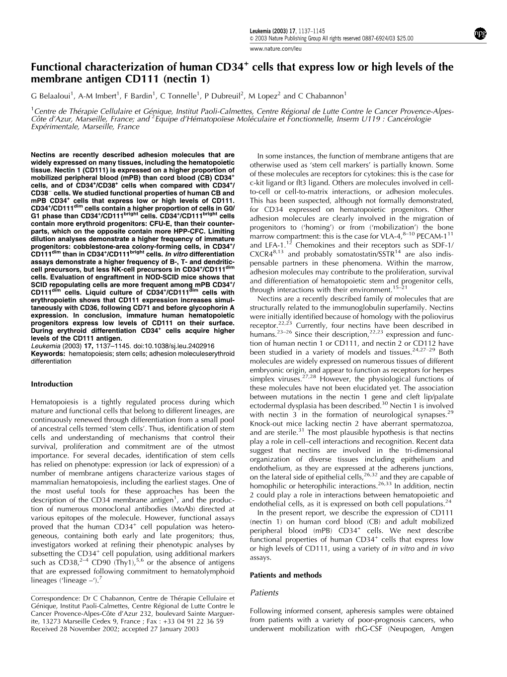 Functional Characterization of Human CD34+ Cells That Express