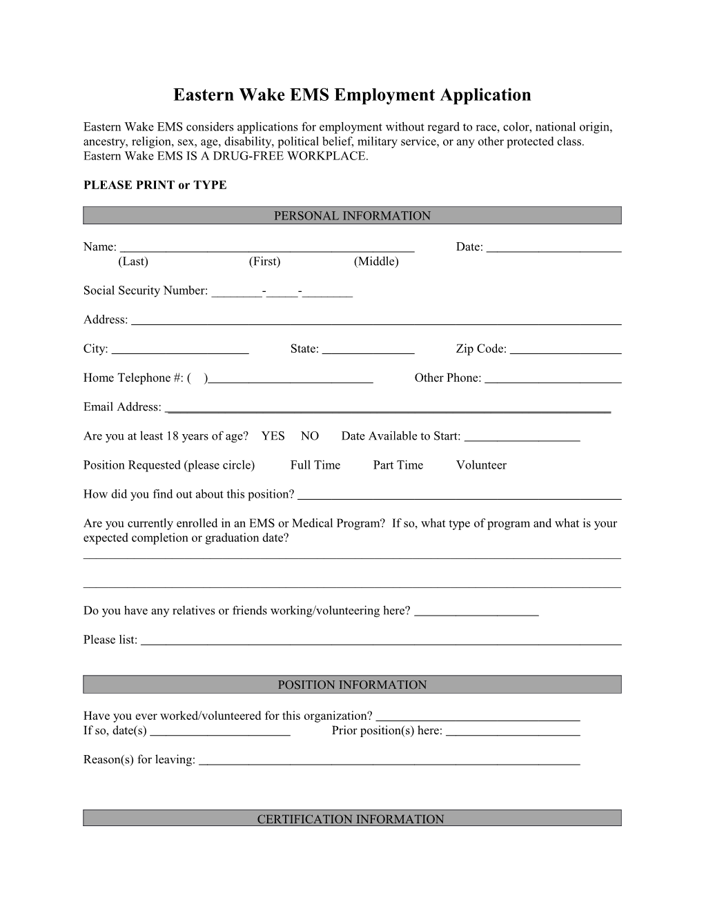 Eastern Wake EMS Employment Application