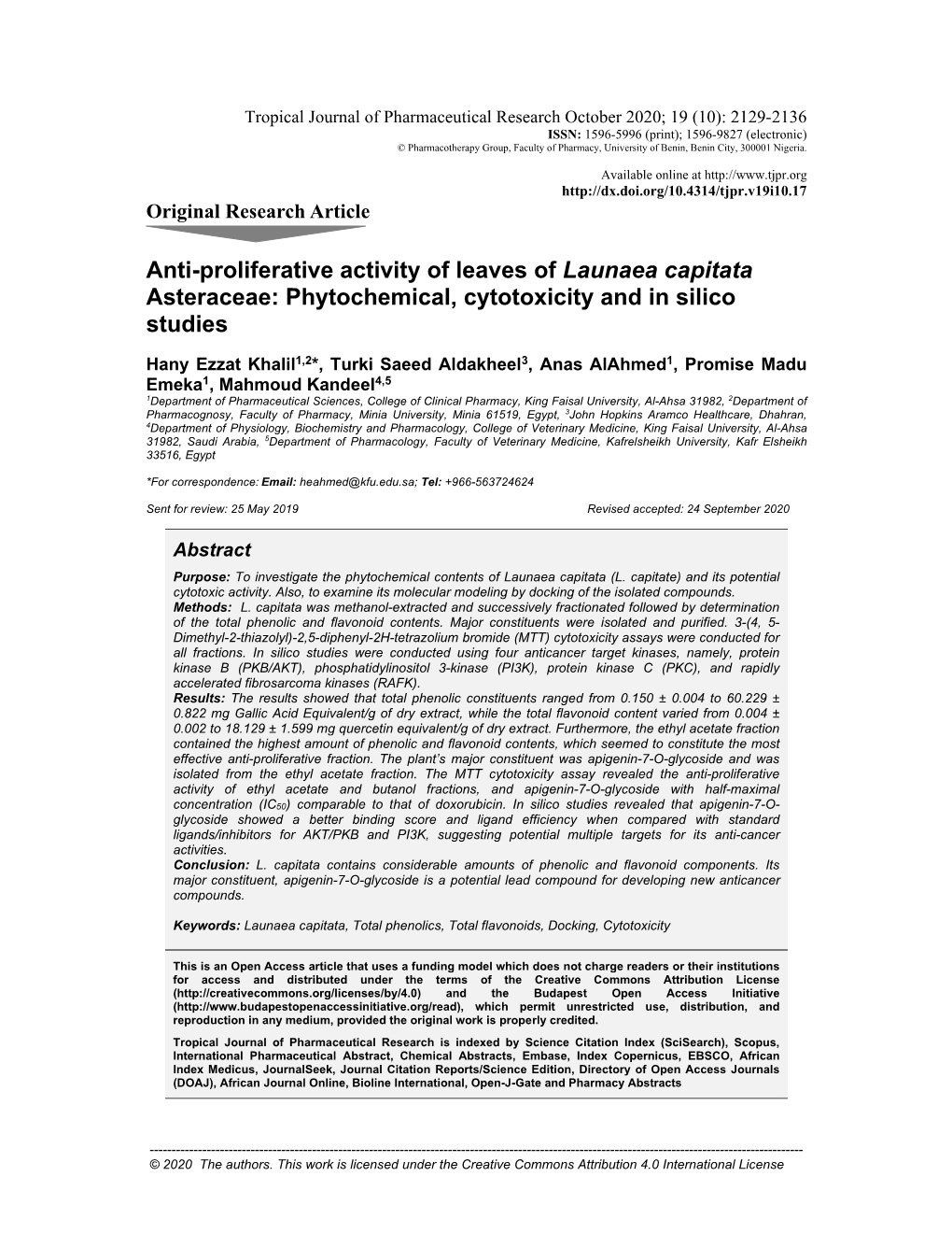 Anti-Proliferative Activity of Leaves of Launaea Capitata Asteraceae: Phytochemical, Cytotoxicity and in Silico Studies