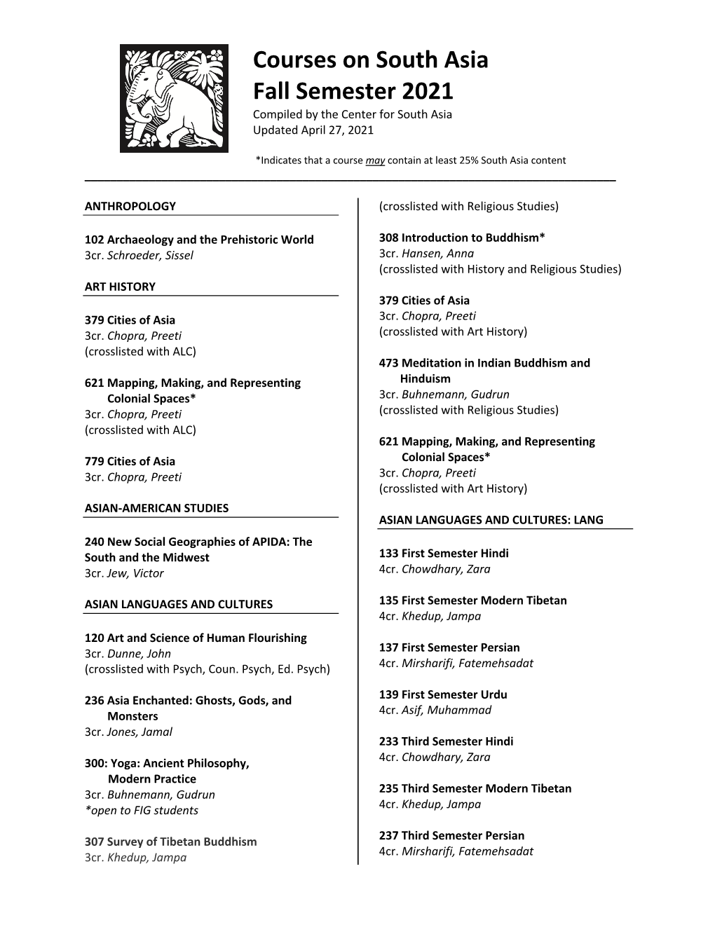 Courses on South Asia Fall Semester 2021 Compiled by the Center for South Asia Updated April 27, 2021