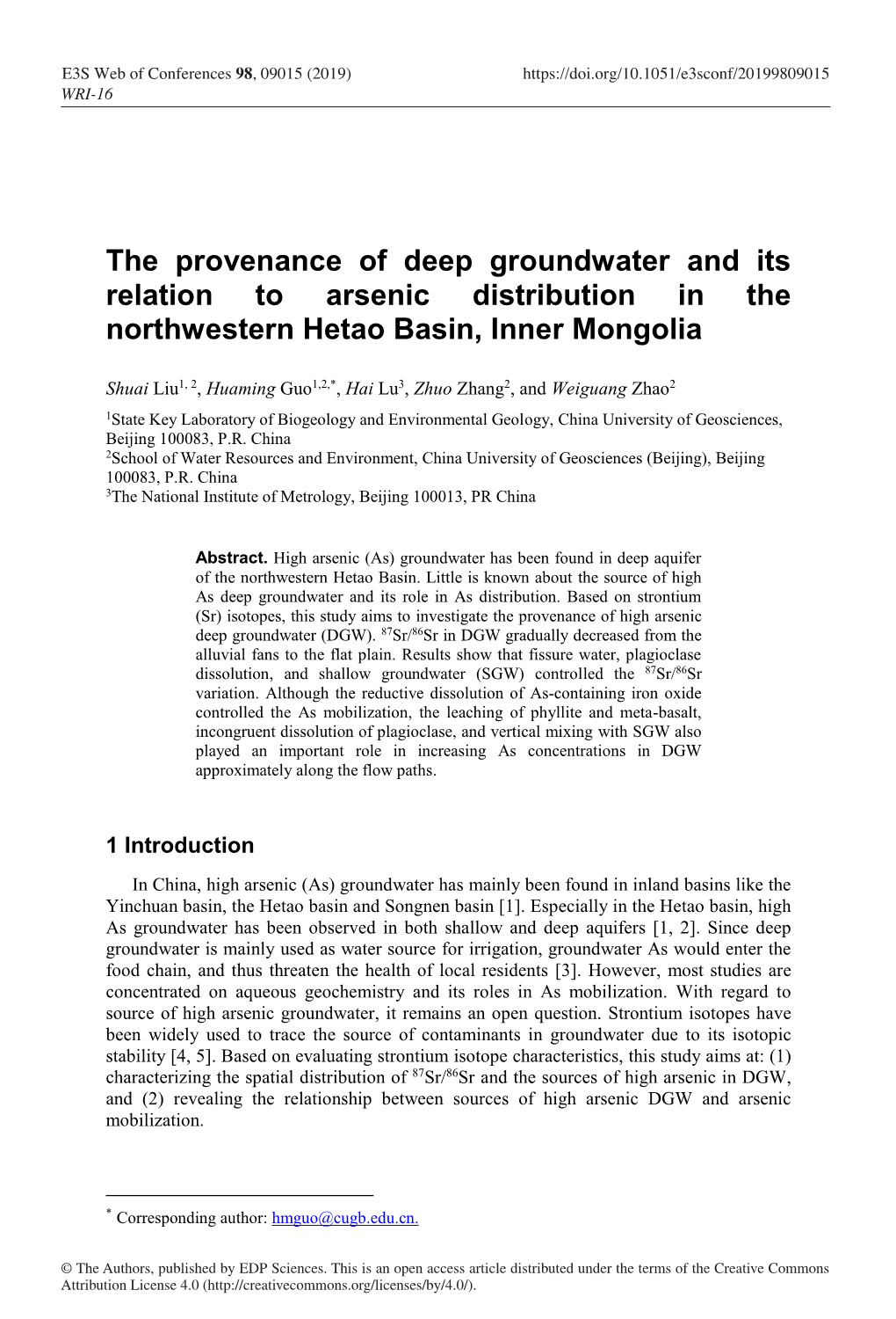 The Provenance of Deep Groundwater and Its Relation to Arsenic Distribution in the Northwestern Hetao Basin, Inner Mongolia