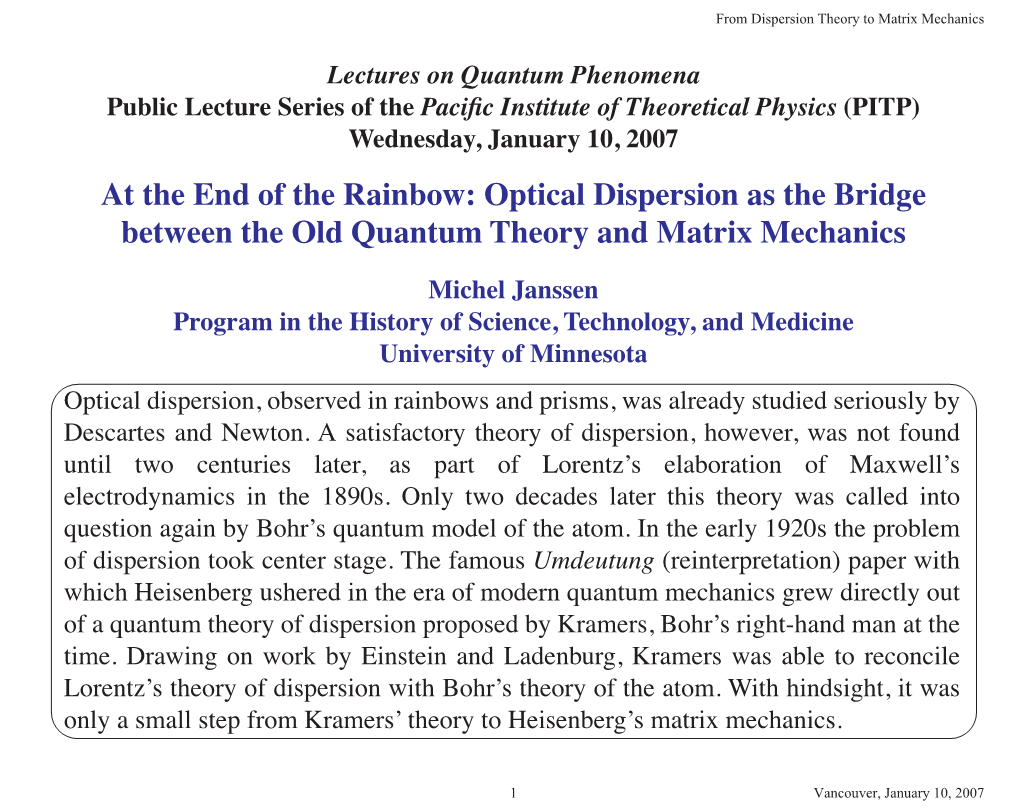 Optical Dispersion As the Bridge Between the Old Quantum Theory and Matrix Mechanics