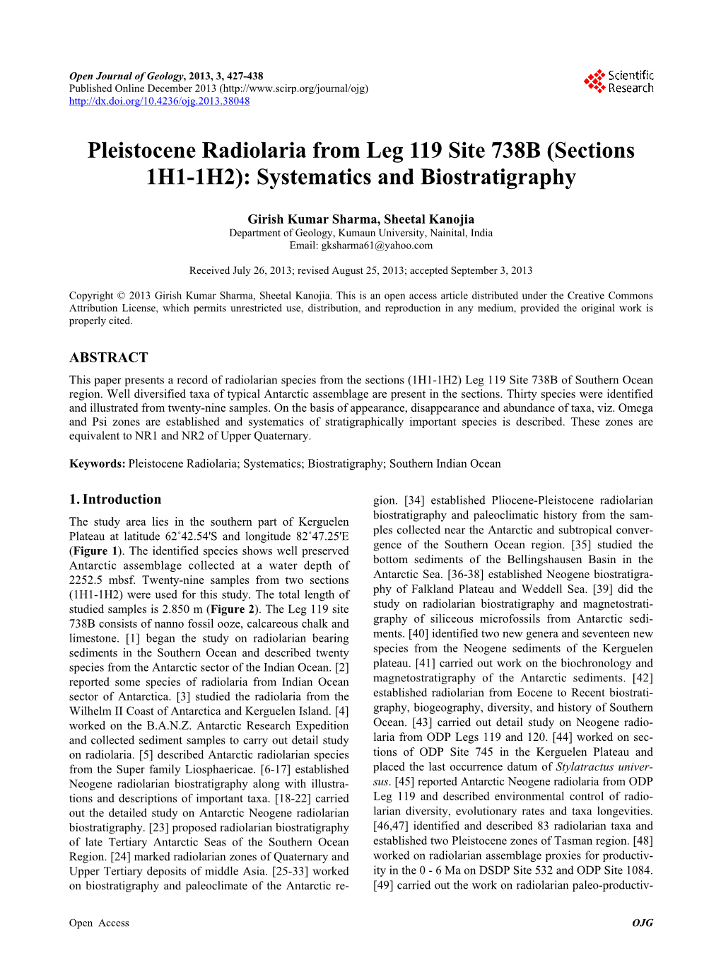 Pleistocene Radiolaria from Leg 119 Site 738B (Sections 1H1-1H2): Systematics and Biostratigraphy