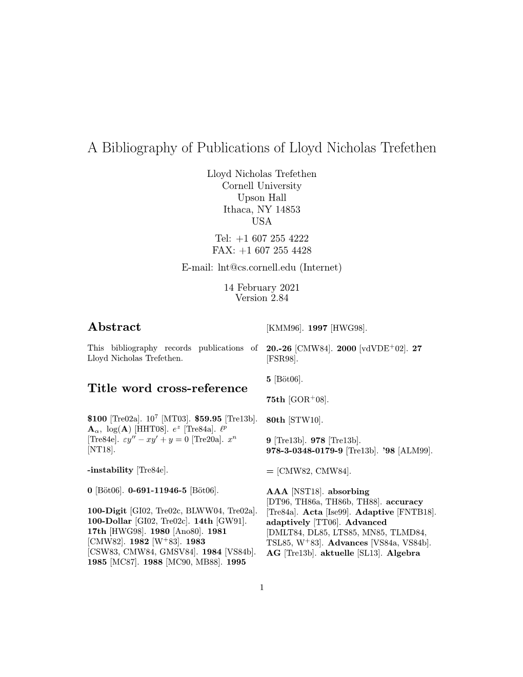 A Bibliography of Publications of Lloyd Nicholas Trefethen
