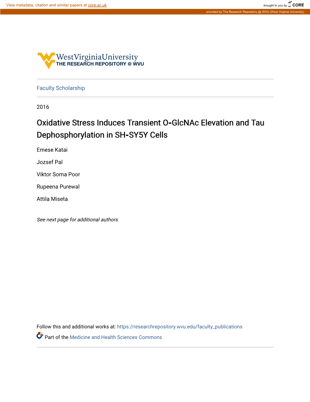 Oxidative Stress Induces Transient O-Glcnac Elevation and Tau Dephosphorylation in SH-SY5Y Cells