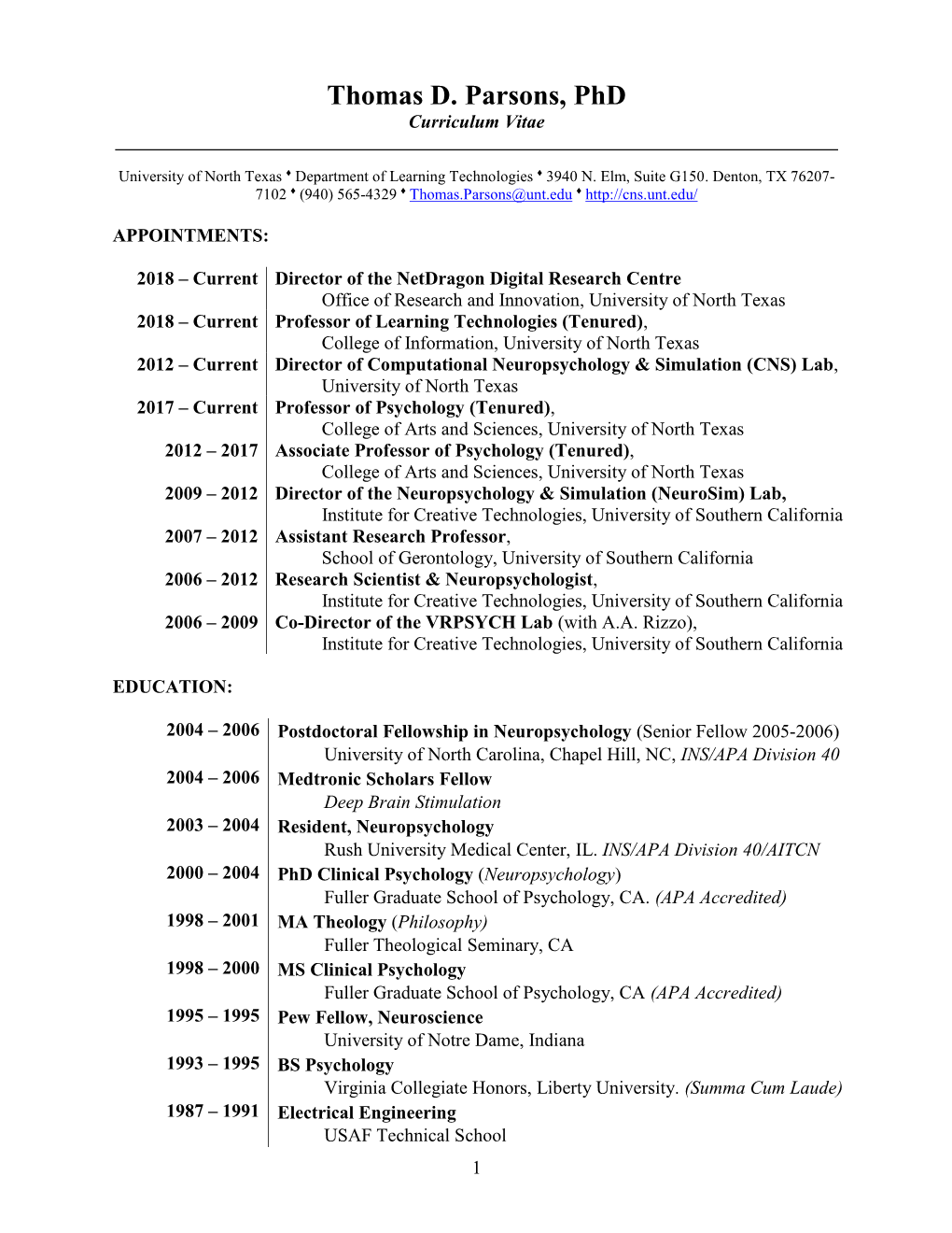 Thomas D. Parsons, Phd Curriculum Vitae