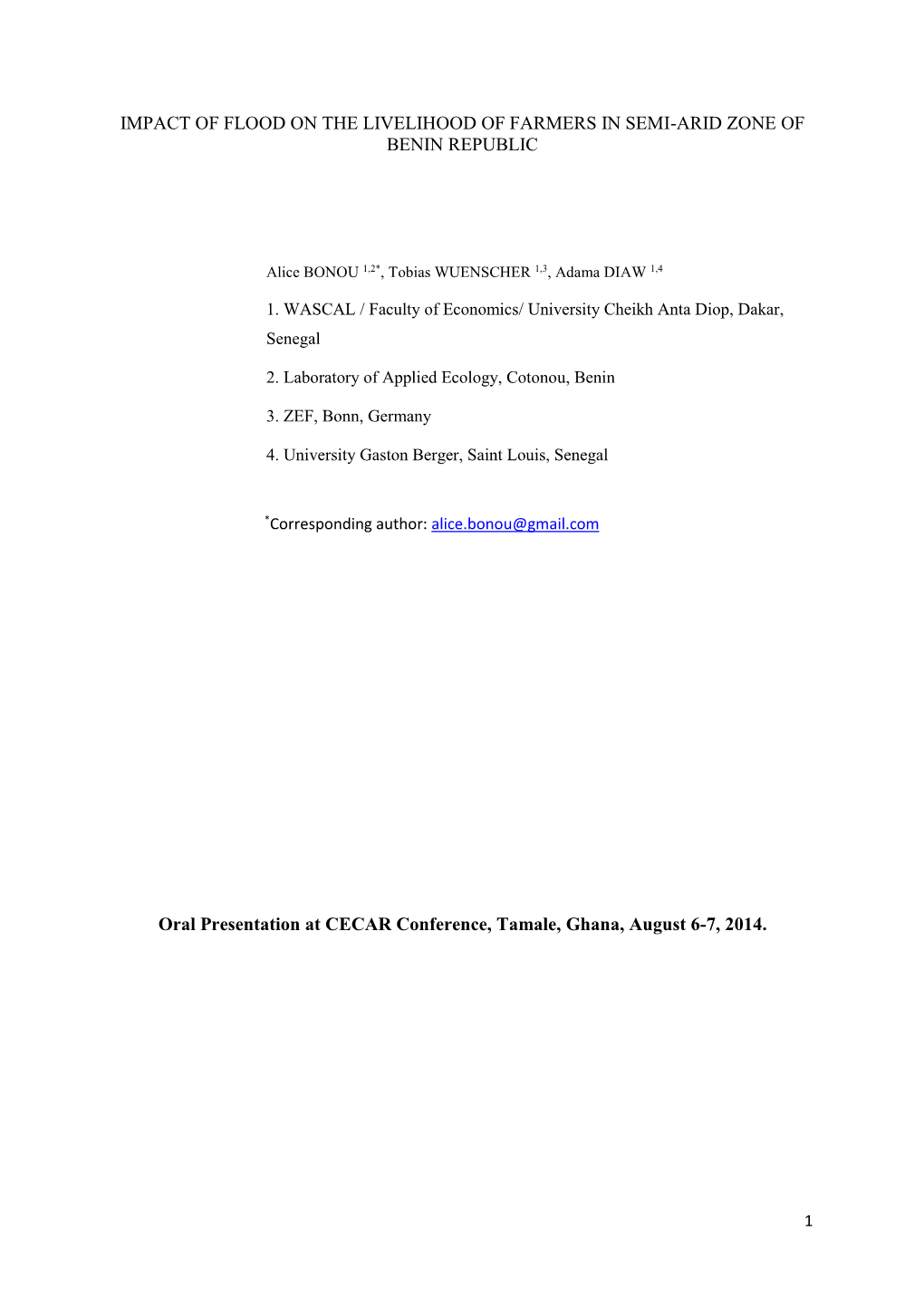 Impact of Flood on the Livelihood of Farmers in Semi-Arid Zone of Benin Republic