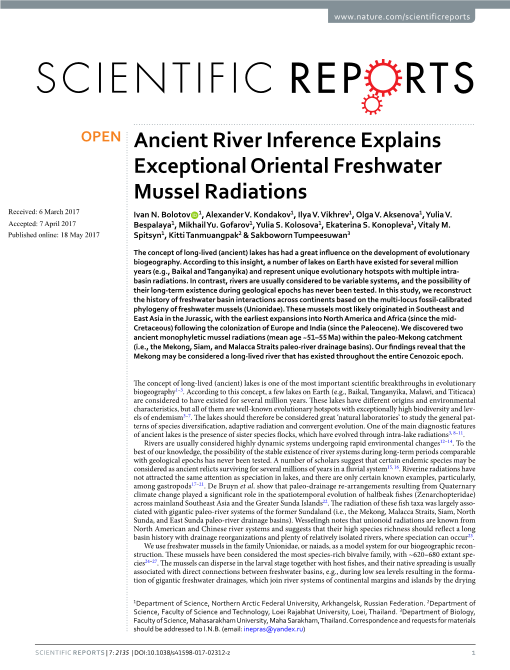 Ancient River Inference Explains Exceptional Oriental Freshwater Mussel Radiations Received: 6 March 2017 Ivan N