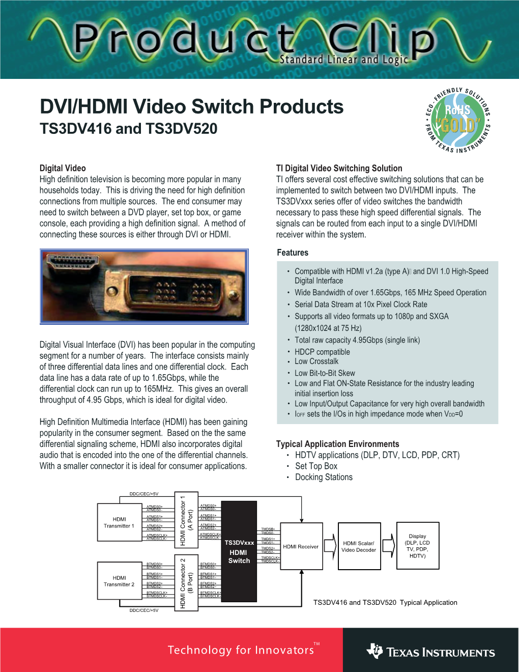 DVI/HDMI Video Switch Products TS3DV416 and TS3DV520