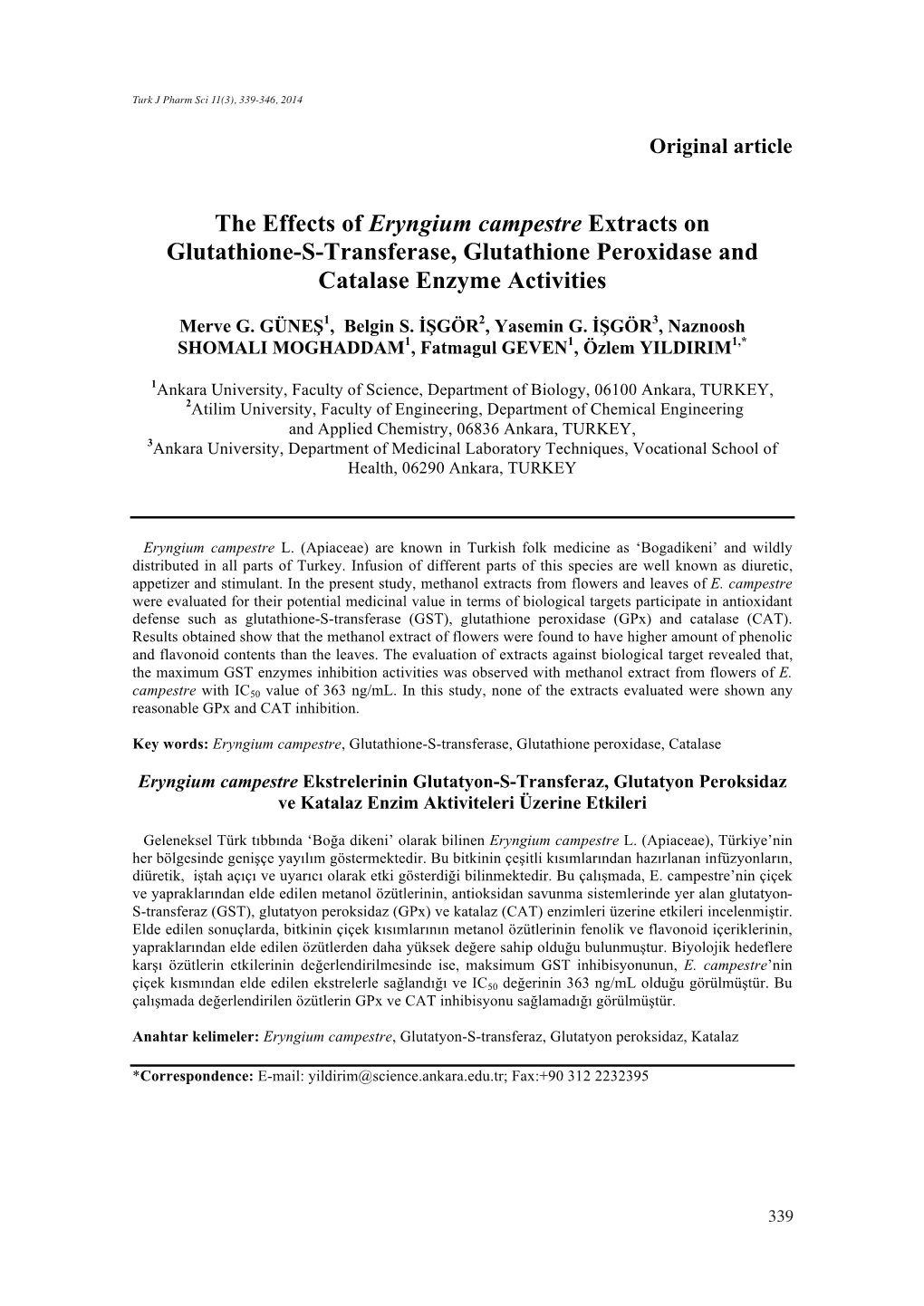 The Effects of Eryngium Campestre Extracts on Glutathione-S-Transferase, Glutathione Peroxidase and Catalase Enzyme Activities