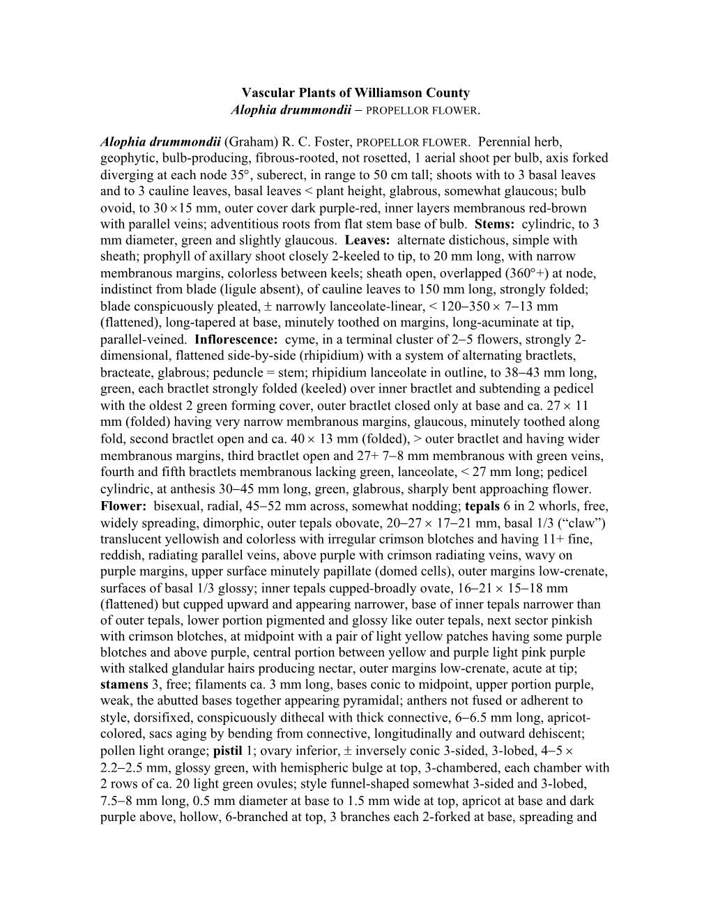 Vascular Plants of Williamson County Alophia Drummondii − PROPELLOR FLOWER