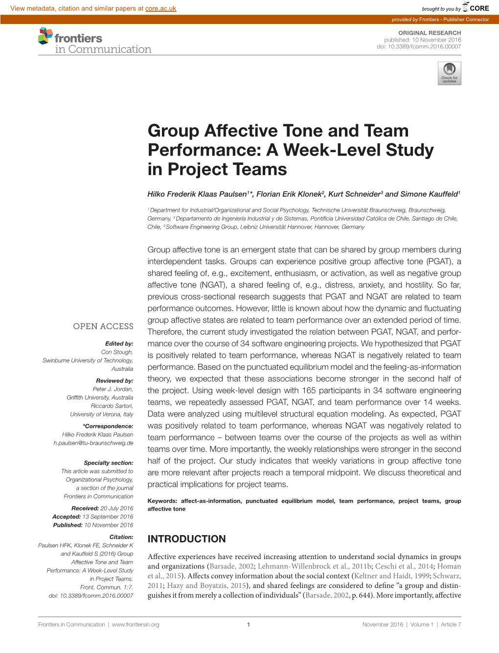 Group Affective Tone and Team Performance: a Week-Level Study in Project Teams