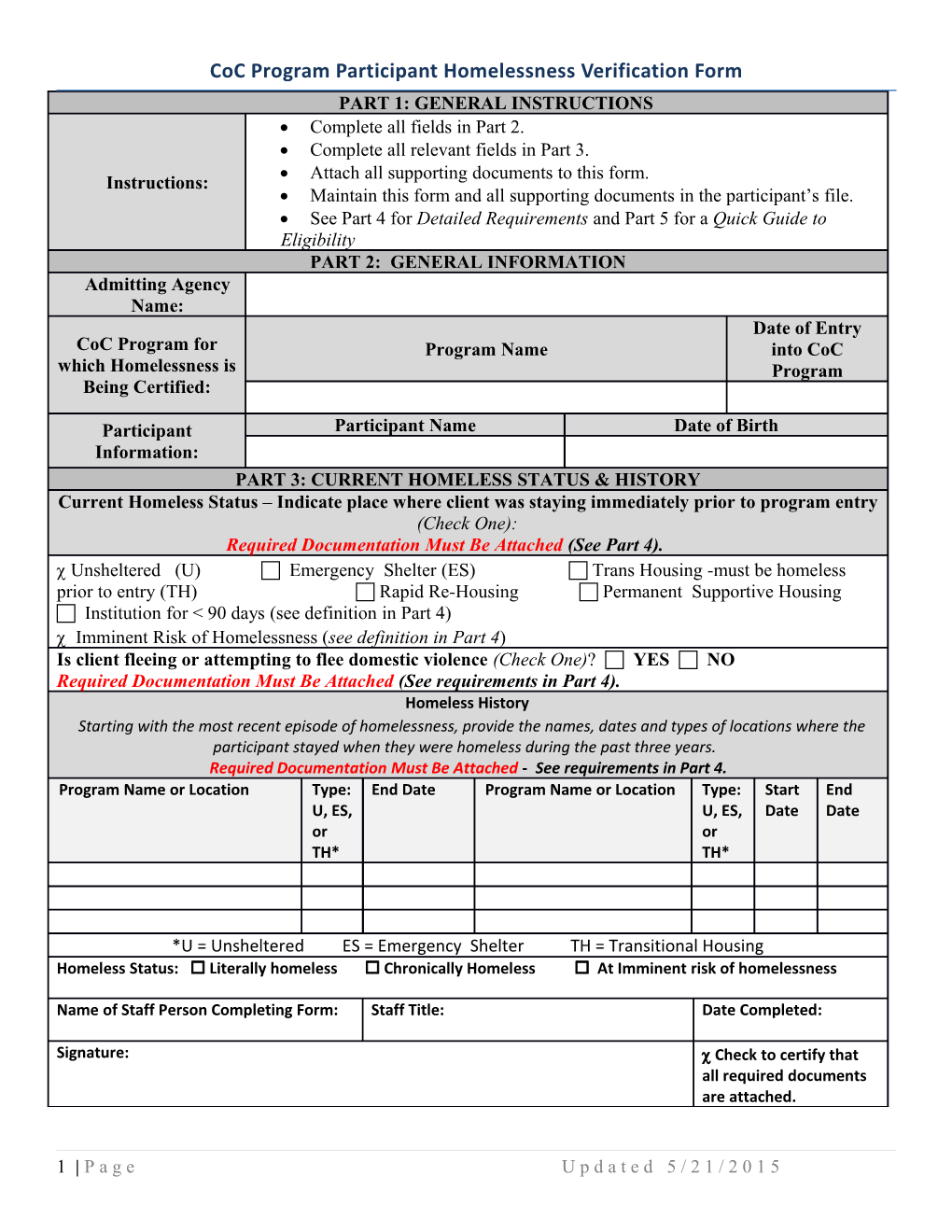 Coc Program Participant Homelessness Verification Form