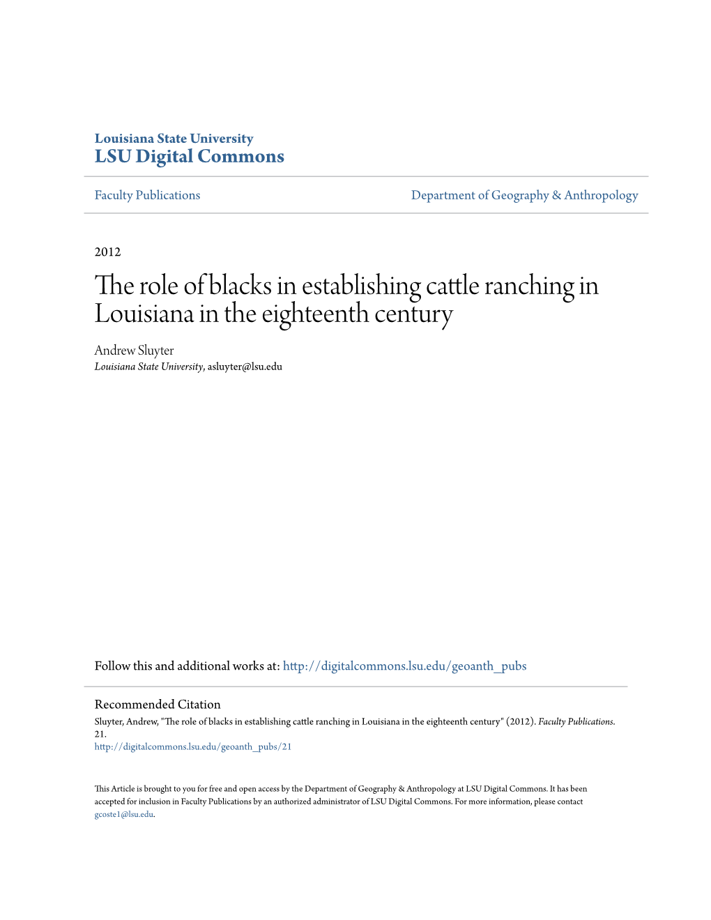 The Role of Blacks in Establishing Cattle Ranching in Louisiana in the Eighteenth Century