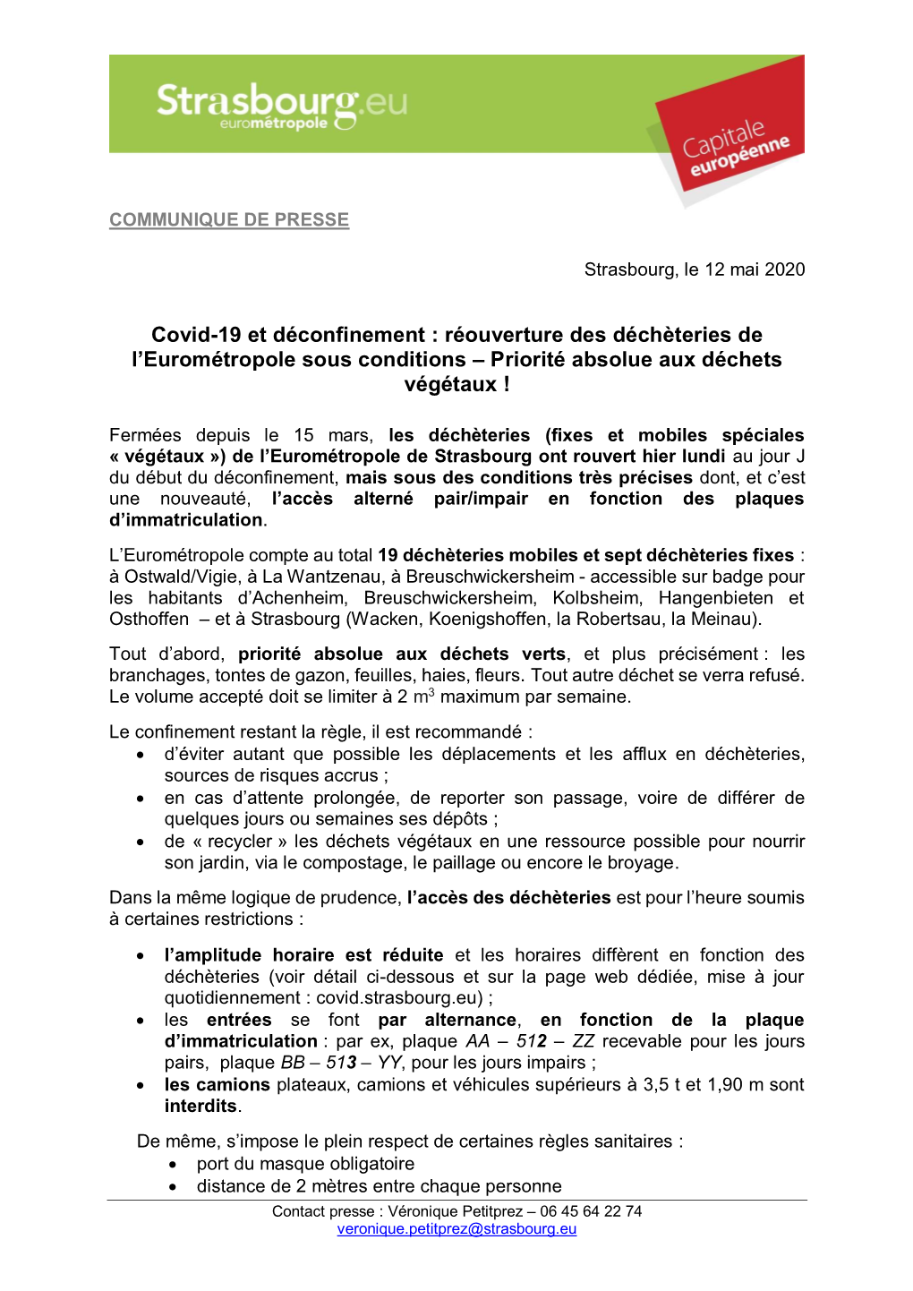 Covid-19 Et Déconfinement : Réouverture Des Déchèteries De L’Eurométropole Sous Conditions – Priorité Absolue Aux Déchets Végétaux !