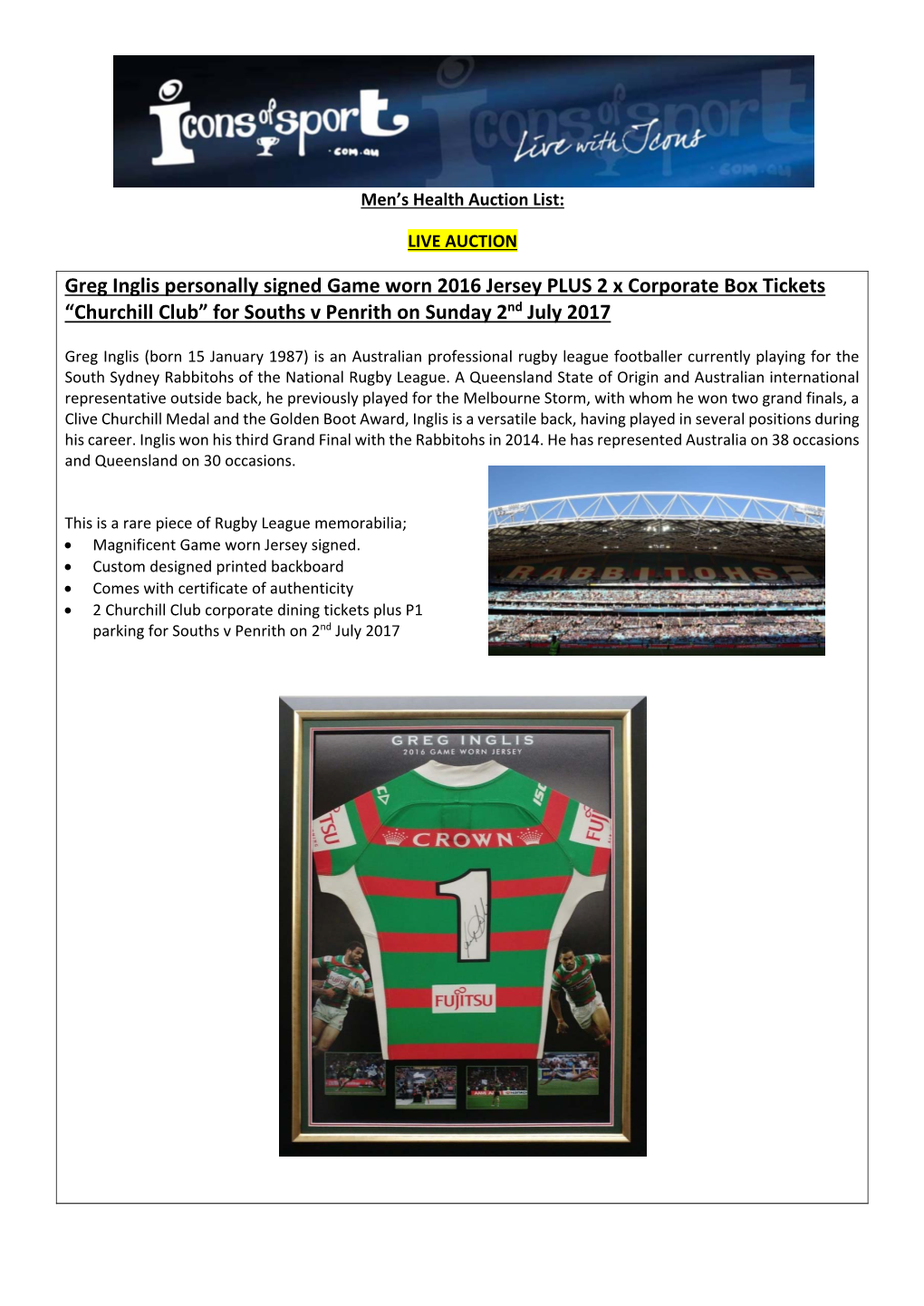 Greg Inglis Personally Signed Game Worn 2016 Jersey PLUS 2 X Corporate Box Tickets “Churchill Club” for Souths V Penrith on Sunday 2Nd July 2017