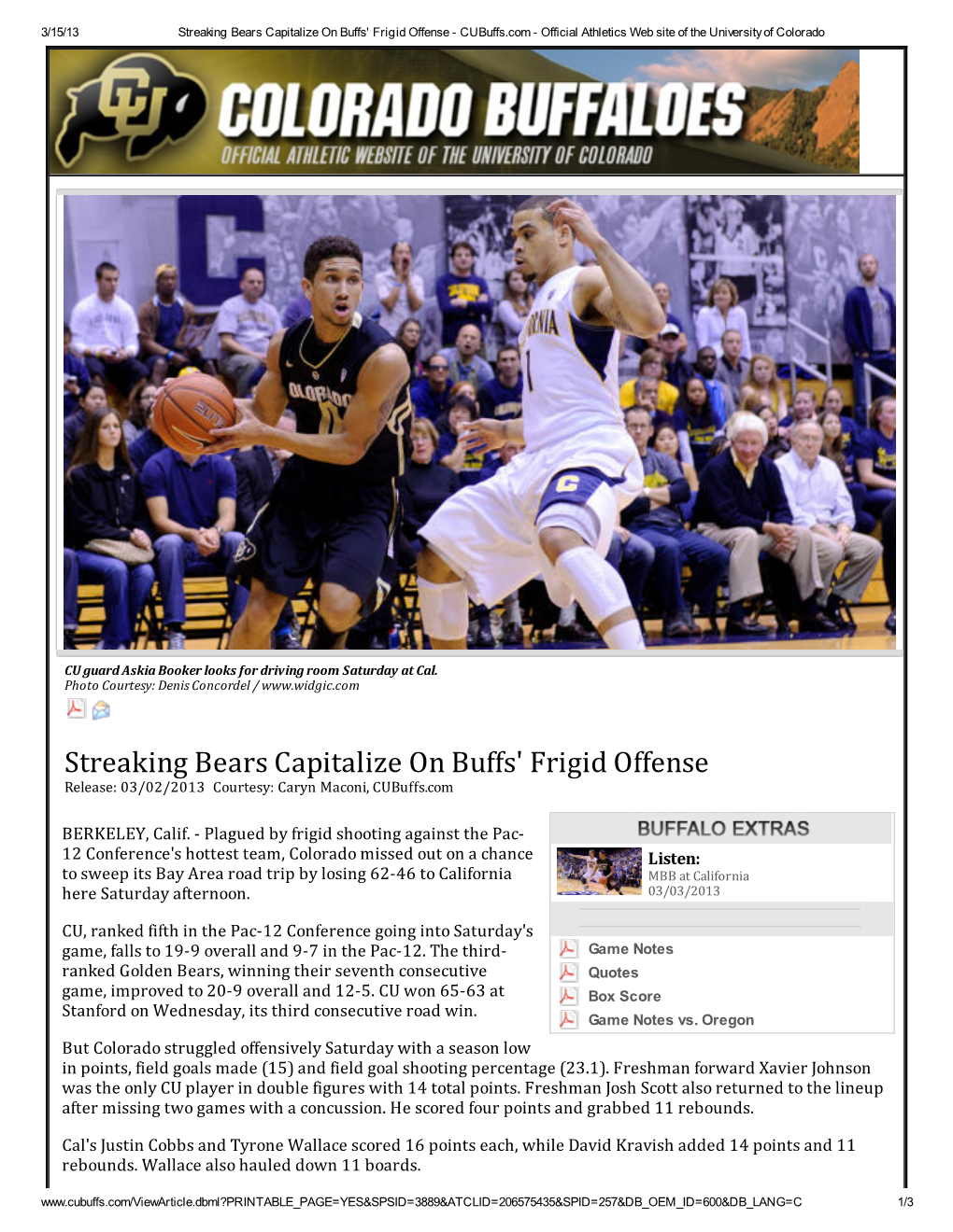 Streaking Bears Capitalize on Buffs' Frigid Offense - Cubuffs.Com - Official Athletics Web Site of the University of Colorado
