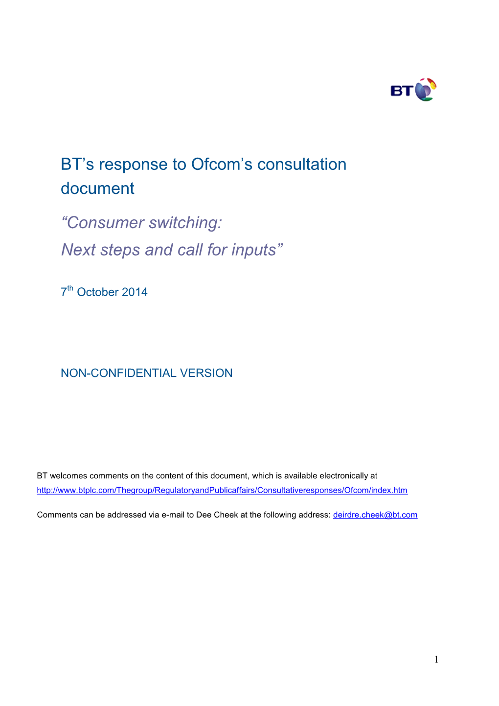 BT's Response to Ofcom's Consultation Document “Consumer Switching