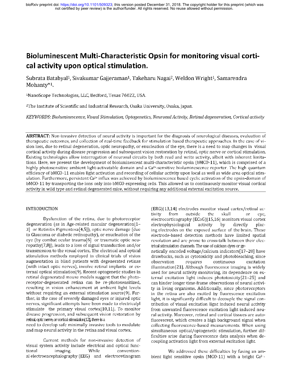 Bioluminescent Multi-Characteristic Opsin for Monitoring Visual Cortical
