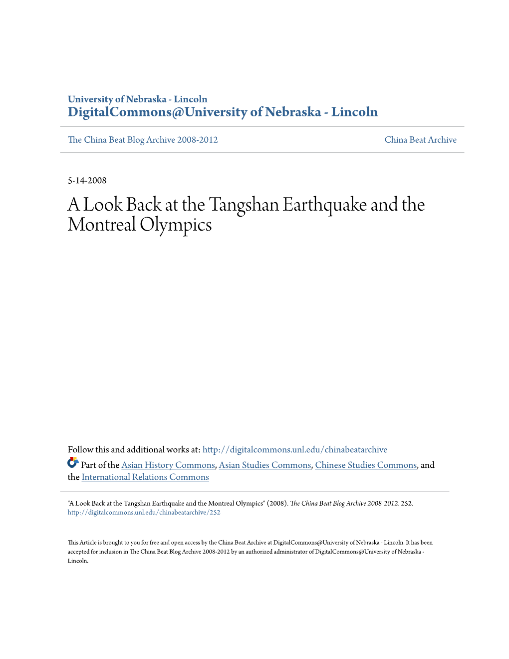 A Look Back at the Tangshan Earthquake and the Montreal Olympics