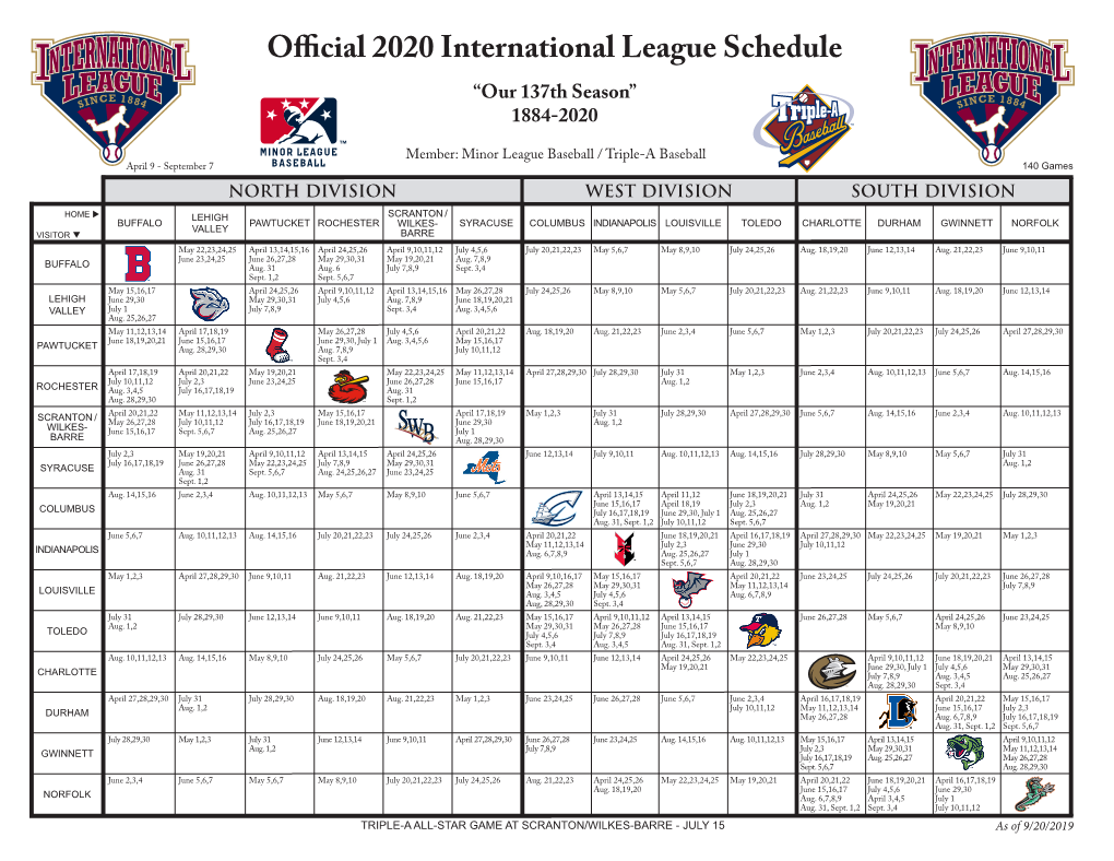 Official 2020 International League Schedule “Our 137Th Season” 1884-2020