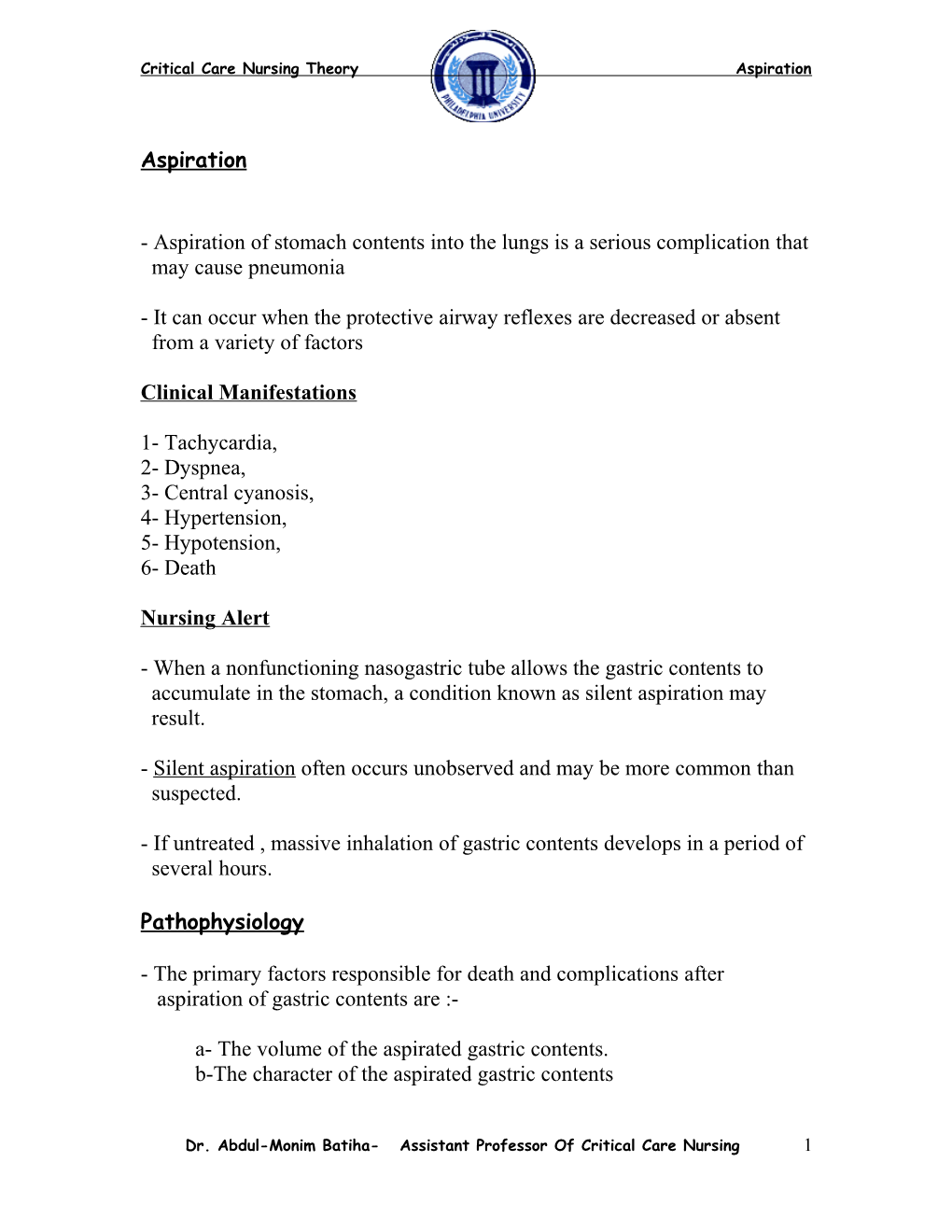 Critical Care Nursing Theory Aspiration