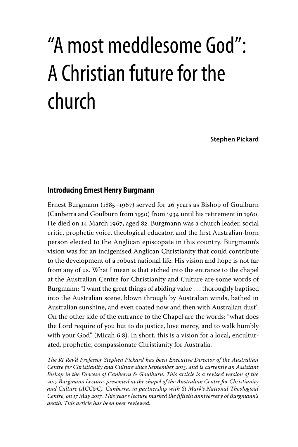 “A Most Meddlesome God”: a Christian Future for the Church