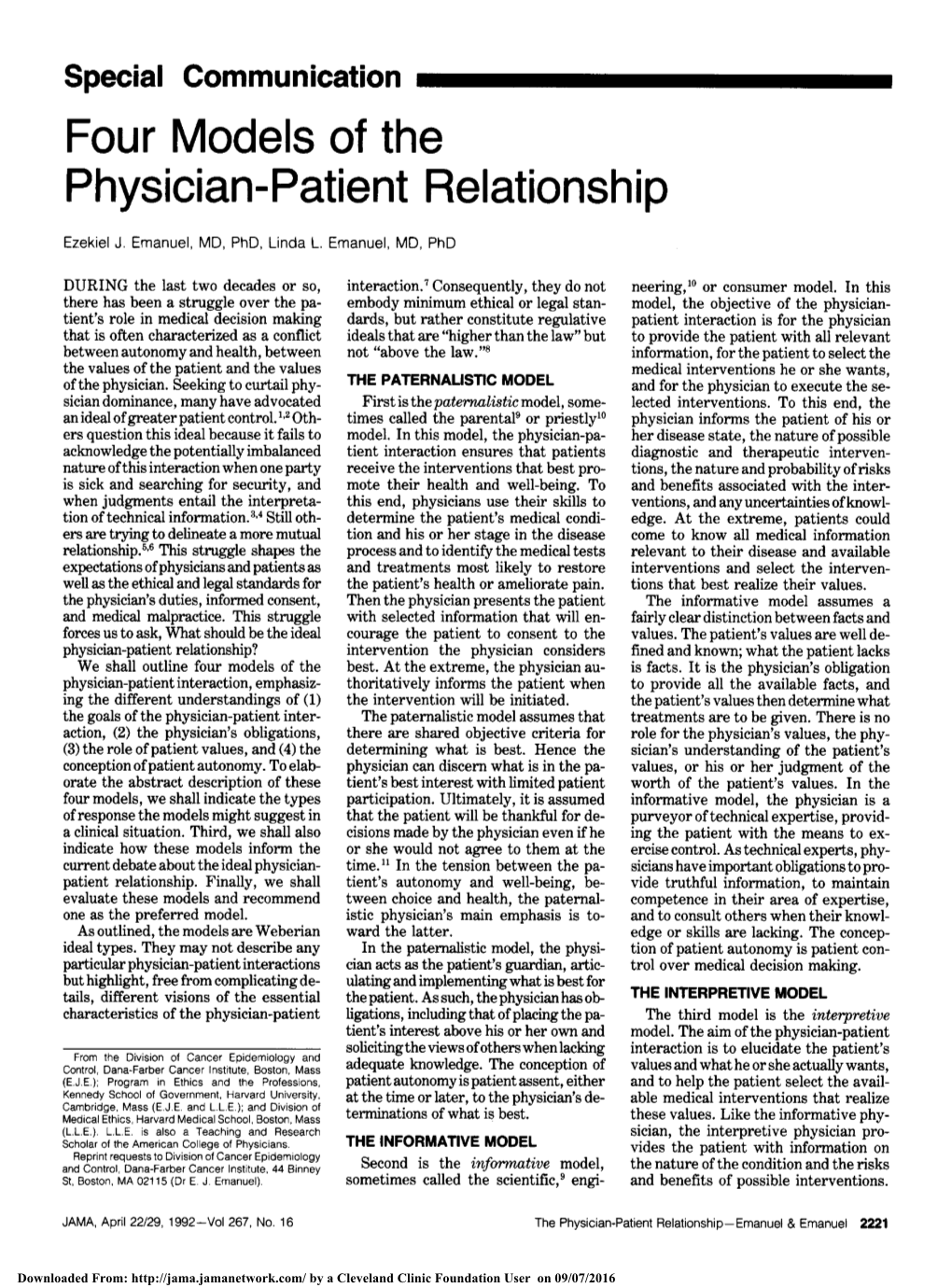 Four Models of the Physician-Patient Relationship Ezekiel J