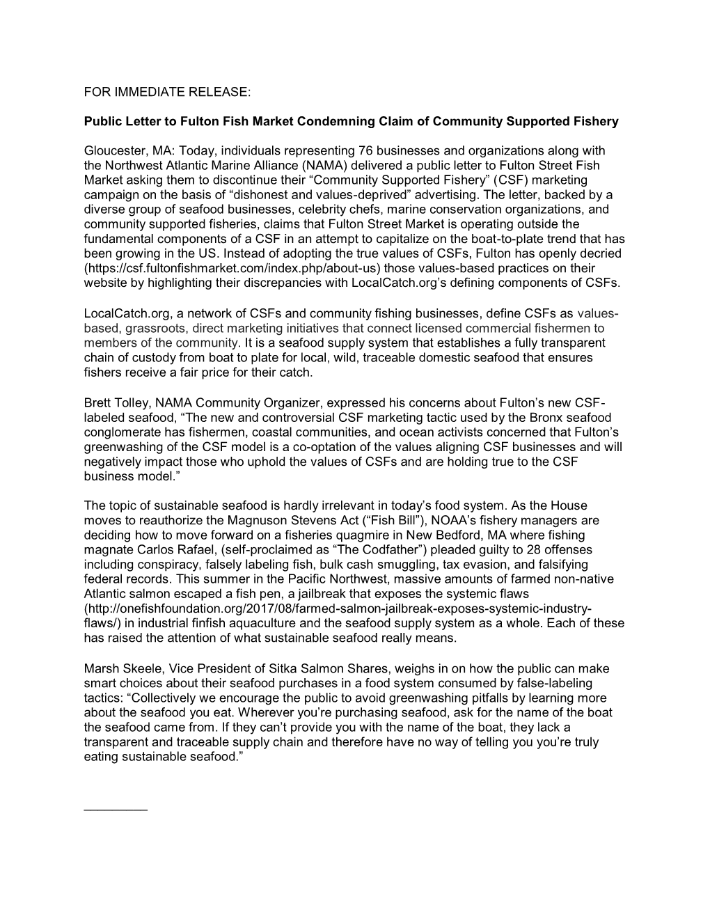 Public Letter to Fulton Fish Market Condemning Claim of Community Supported Fishery Gloucester, MA