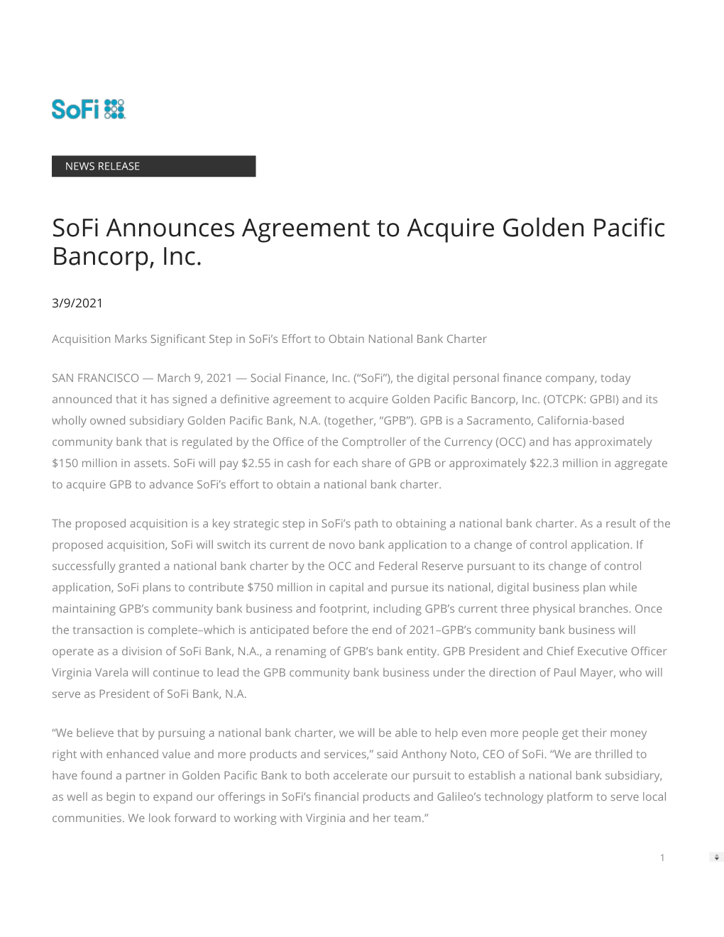 Sofi Announces Agreement to Acquire Golden Paci C Bancorp, Inc